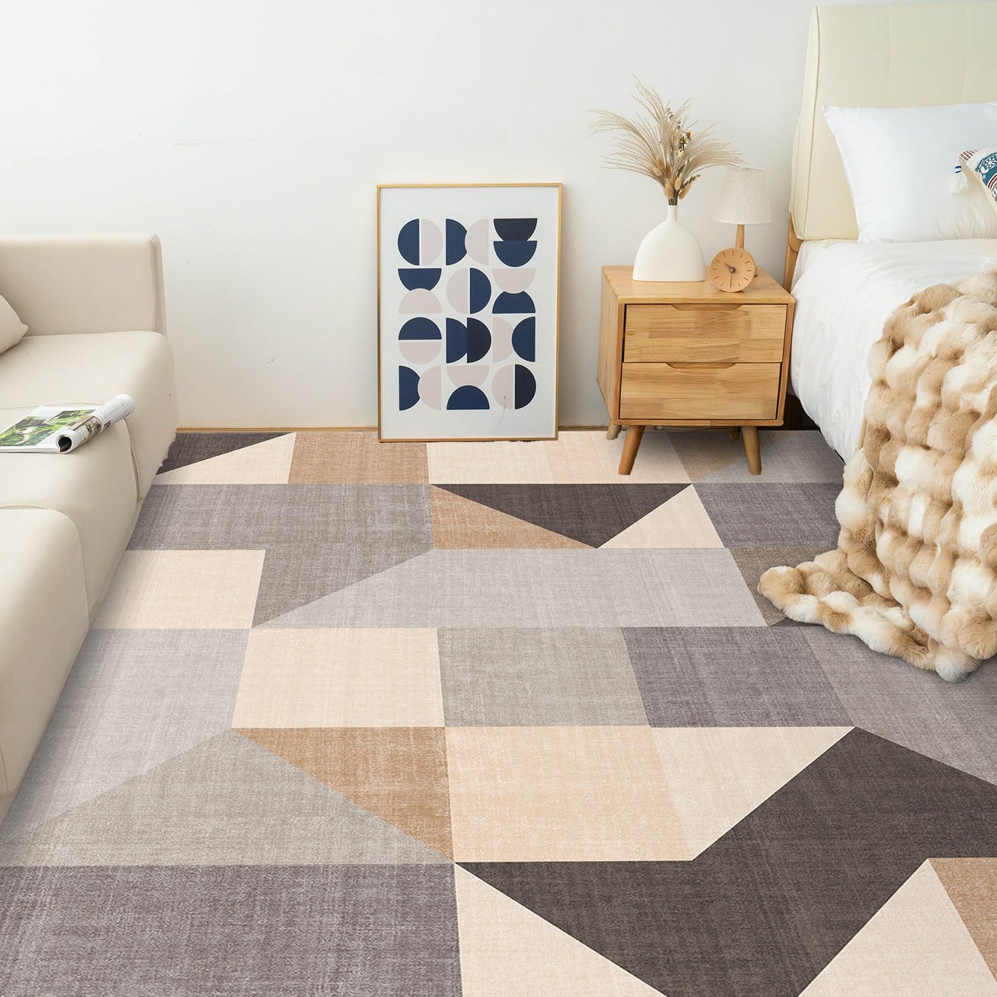 HOMFINE Modern Geometric Area Rug – Machine Washable & Non Slip, Soft Non Shedding Rug for Living Room and Bedroom - Grey Brown, 5'x7'