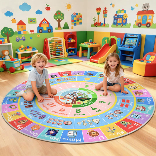ABC Round Kids Rug for Playroom, 4x4 ft Alphabet Small Classroom Rug, Educational Kids Play Mat With Number Shape Season, Learning Area Rug for Nursery Bedroom Kidsroom, Colorful Non-Slip Washable