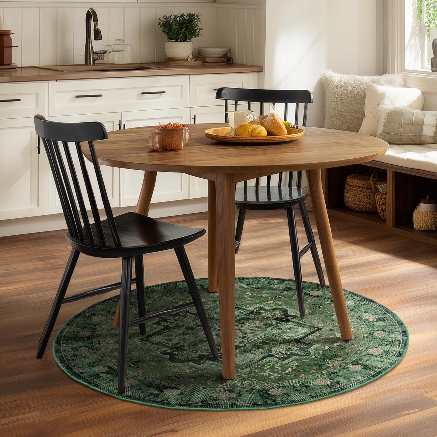 Jainmy Green Small Round Washable Rug 4ft for Entryway Low Pile, Kitchen Bathroom Circle Rug 4 Feet Non Slip Low Pile, Vintage Medallion 4 Foot Round Area Rug for Small Living Room/Dining Room/Bedroom