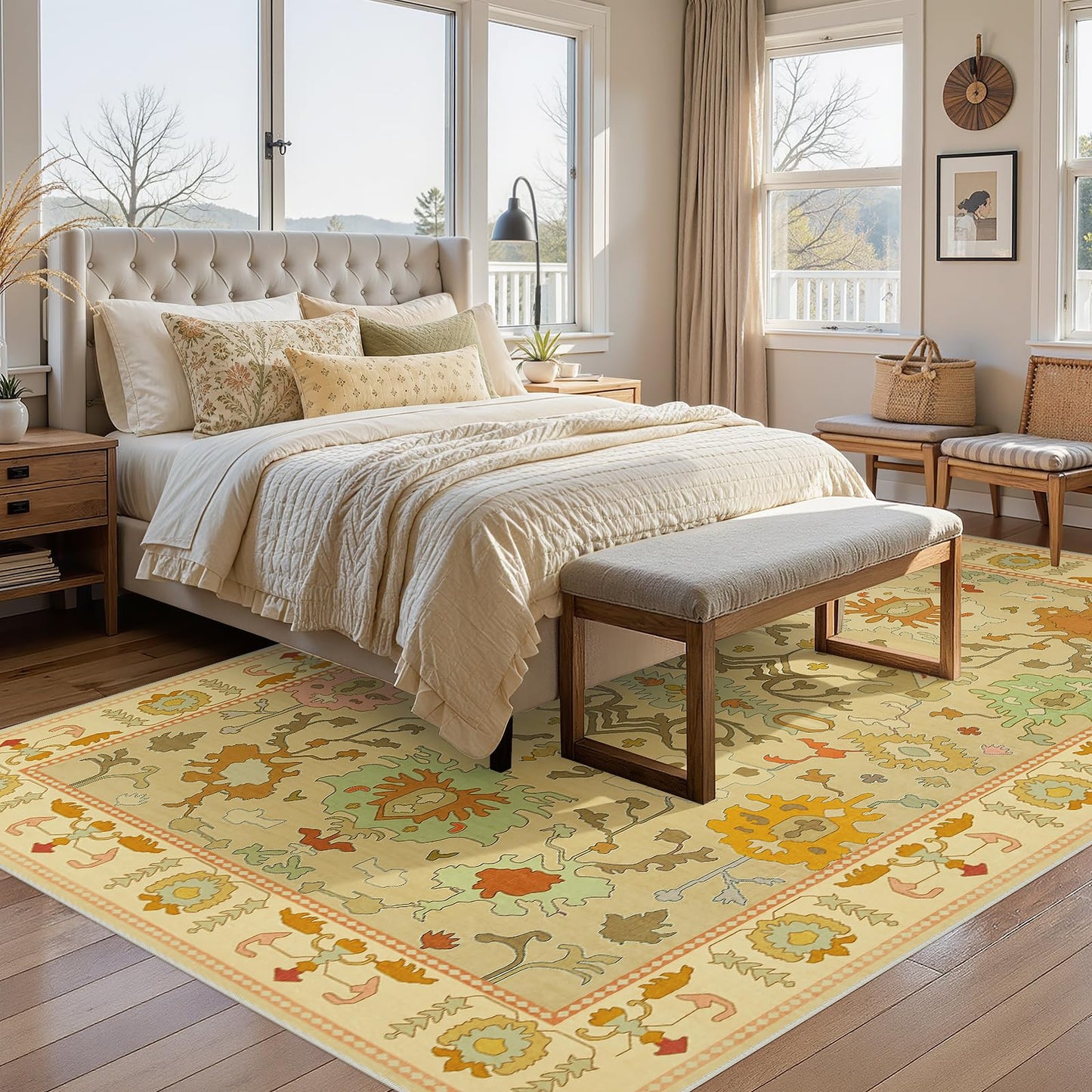Joydeco Oushak Orange Rug for Living Room, Washable Carpet for Bedroom Non Slip, Boho Floral Ultra-Thin Soft Indoor Floor Throw Rugs for Entryway Dining Table Nursery Home Kitchen