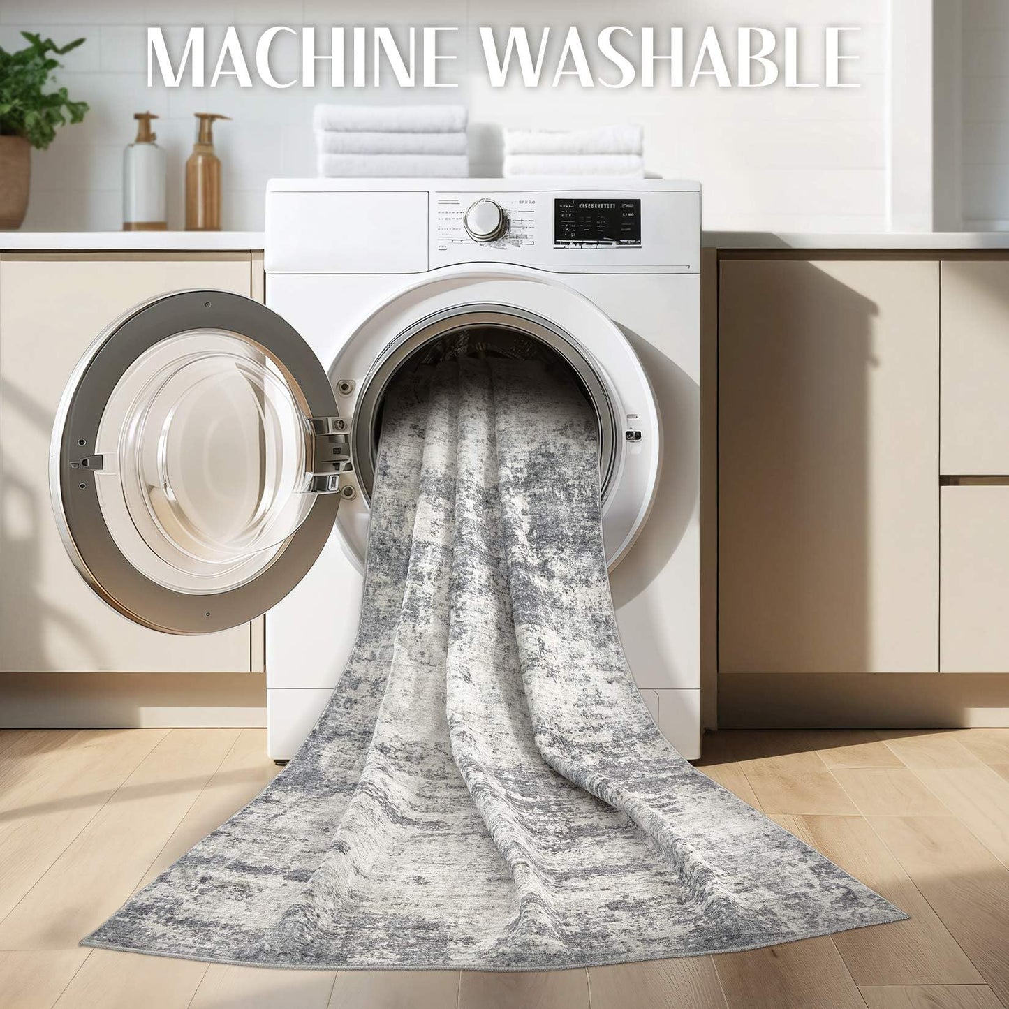 TARANCH Abstract 5x7 Area Rug: Machine Washable Non Slip Ultra Thin Low-Pile Carpet, Soft Stain Resistant for Living Room Bedroom Nursery, Kid Pet Friendly, Robot Vacuum Compatible - Dark Grey/Beige