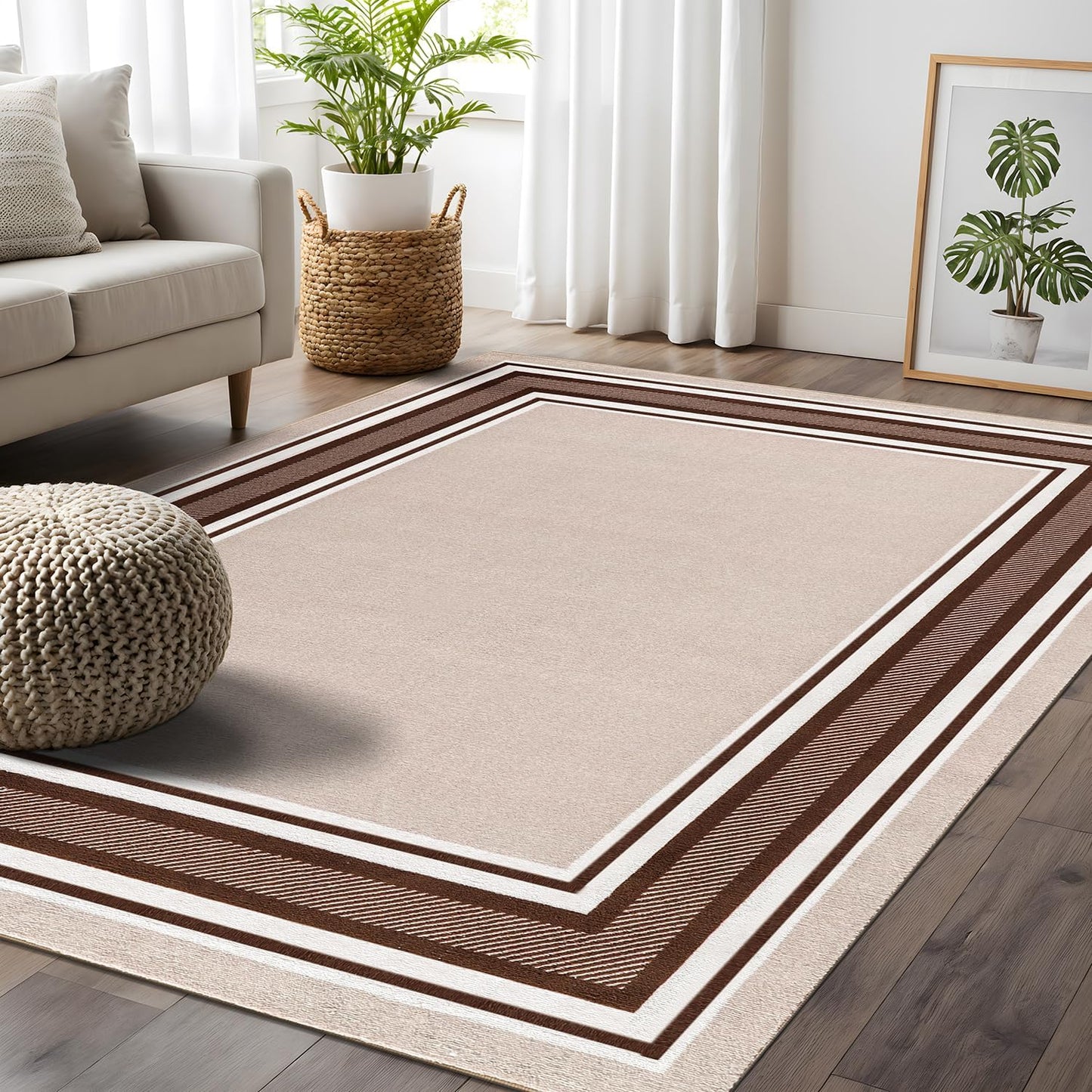 Beverly Rug Non Slip Area Rugs 8x10 Modern Bordered Non Skid Rubber Backing Soft Area Rug for Living Dining Room Easy to Clean Non Shedding Kitchen Bedroom Indoor Carpet 8 x 10 Beige-Brown