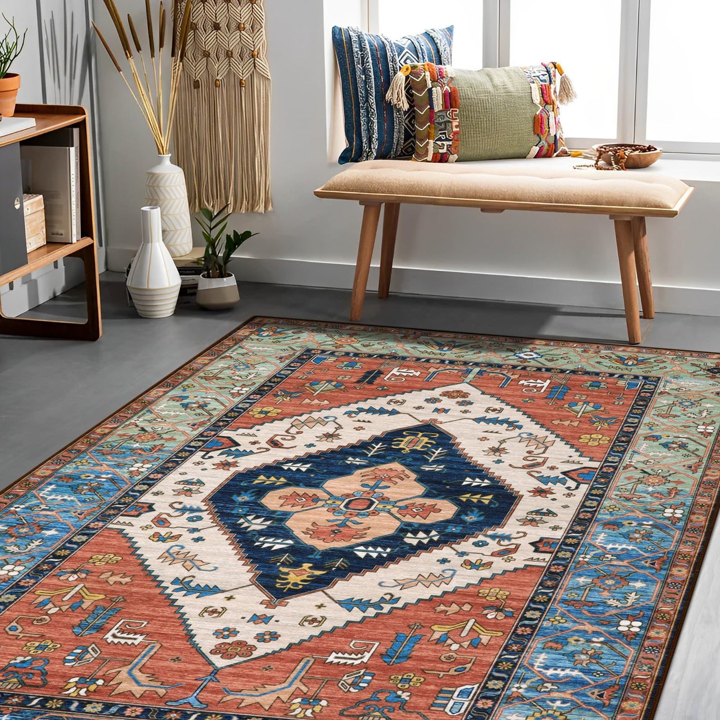 Lahome Boho Rugs for Living Room 4x6 Area Rug Machine Washable Bedroom Rugs Non-Slip Low-Pile Entryway Carpet Throw Oriental Distressed Kitchen Indoor Floor Carpet for Dining Room Bathroom Adelyn