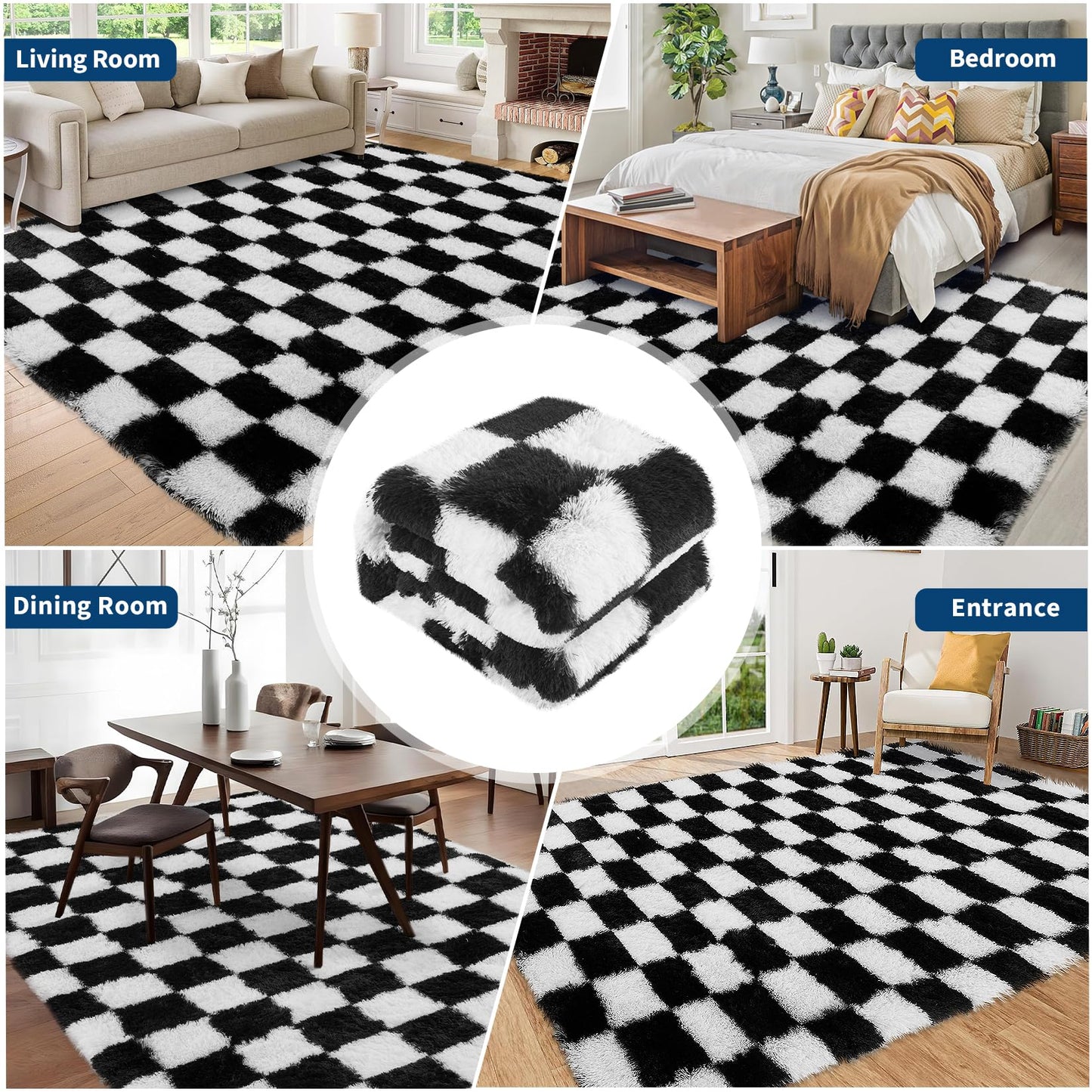 Garvee Checkered Area Rug 9x12 Large Rug Thick Super Soft Shaggy Rugs Fluffy Carpet Fluffy Fuzzy Shag Washable Rugs for Living Room Nursery Bedroom Luxury Playroom Teen Plush Carpets,Black and White