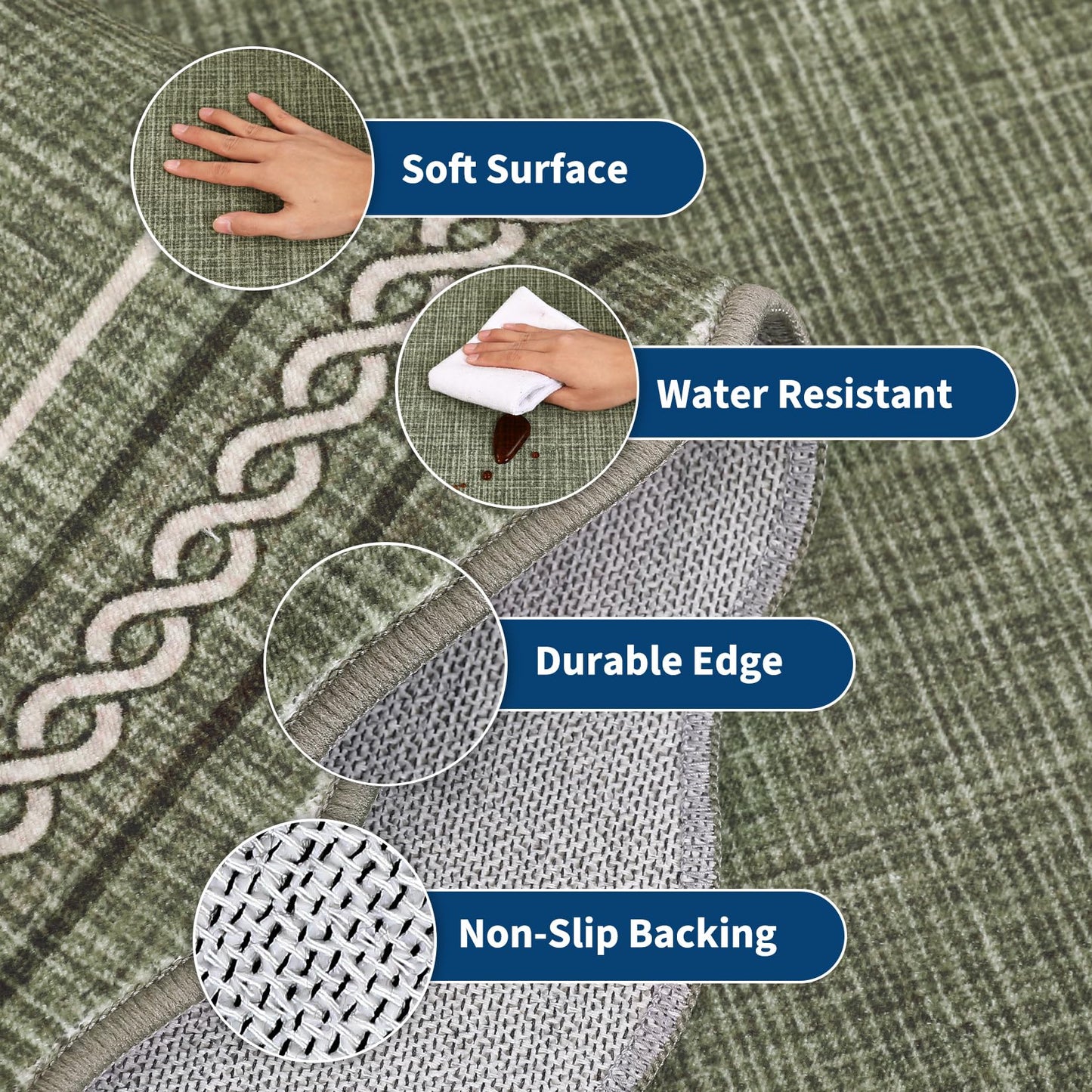 GarveeHome Scalloped Door Mat 2x3 Indoor Rugs for Entryway Washable Non-Slip Solid Small Rug Modern Soft Low-Pile Stain Resistant Carpet for Bedroom Kitchen Entrance Laundry, Green