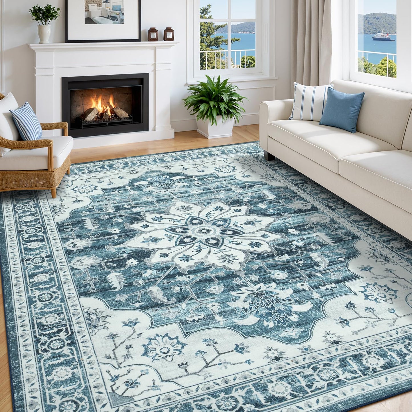 Vibrug 5x7 Coastal Blue White Area Rugs for Living Room - Vintage Boho Medallion Aesthetic Distressed Washable Rug, Soft Non-Slip Backing Low Pile Carpet for Office, Lounge, Bedroom Foot of Bed
