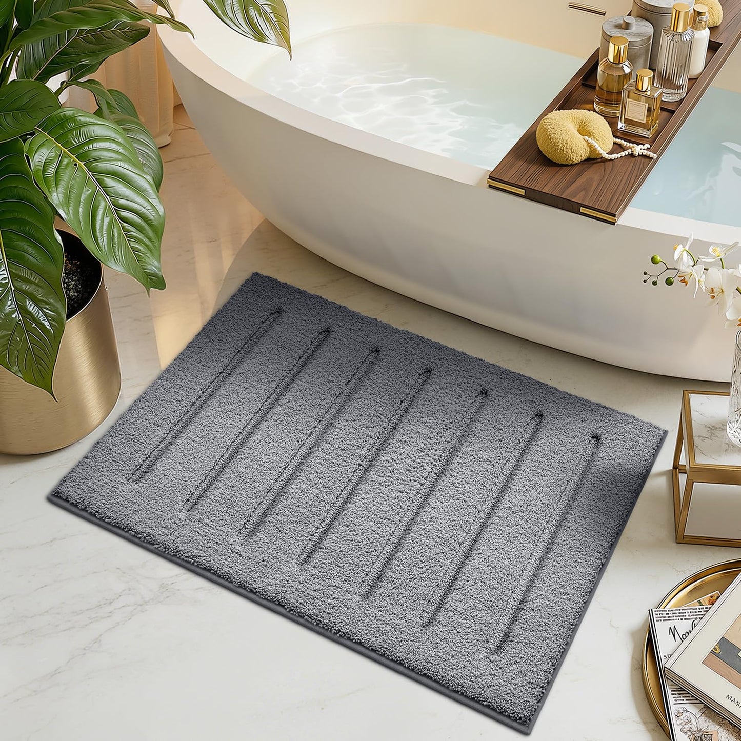 LUMI Non-Slip Skin-Friendly Bathroom Rugs, Hotel Quality Bath Mats for Bathroom, Washable Fluffy Shower Mat, Minimalist Luxury Striped Style,Ideal for Floor, Shower Tub, Entryway, 17"x30", Grey