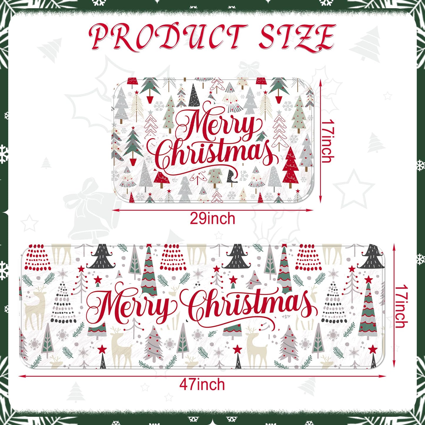 2 Pcs Merry Christmas Kitchen Rugs and Mats Non Slip Christmas Tree Kitchen Rugs Seasonal Winter Xmas Floor Mats for Holiday Indoor Outdoor Home Farmhouse Entryway Decorations, 17x47 and 17x29 Inch