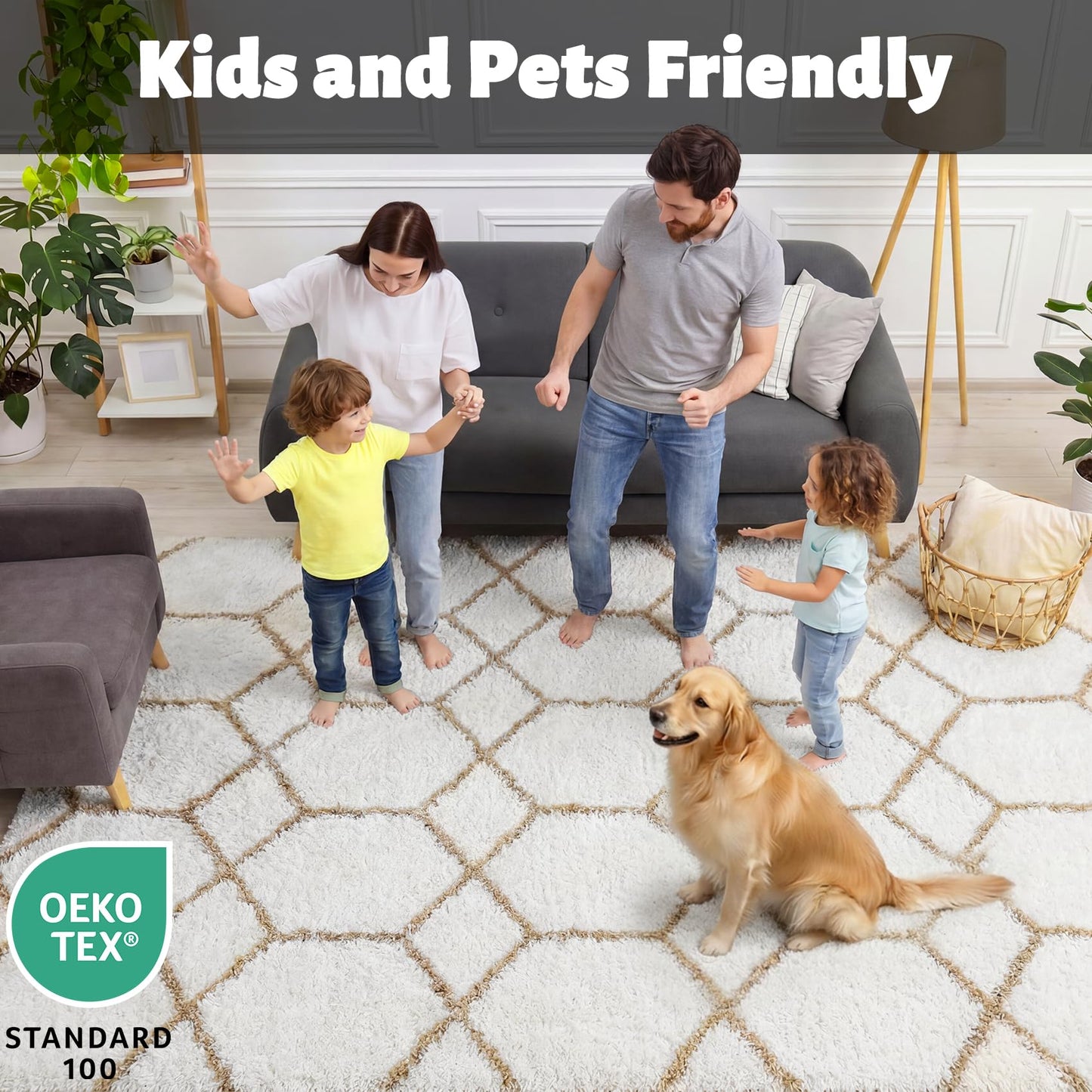 ONASAR Rugs for Living Room Bedroom, 5x8 Fluffy White and Beige Area Rug, Geometric Boho Soft Plush Shaggy Floor Carpet Mat for Nursery Kids Girls Boys Teen Dorm Home Decor Aesthetic