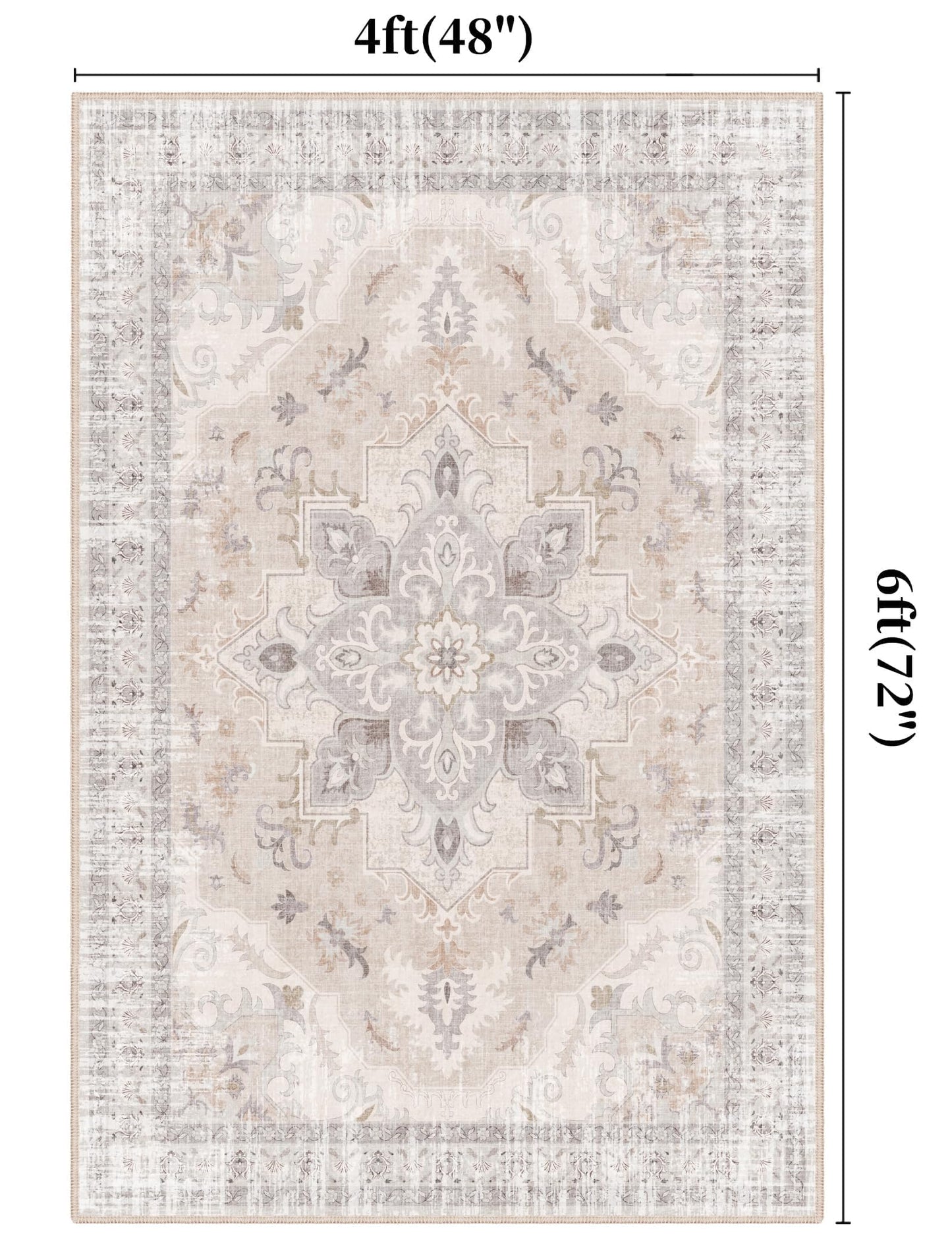 TTelephant 4x6 Bedroom Rug, Soft Non-Slip Vintage Medallion Rug, Low-Pile Printed Indoor 4x6 Washable Area Rugs for Living Room, Bedroom Bedside -Light Blush/Cream