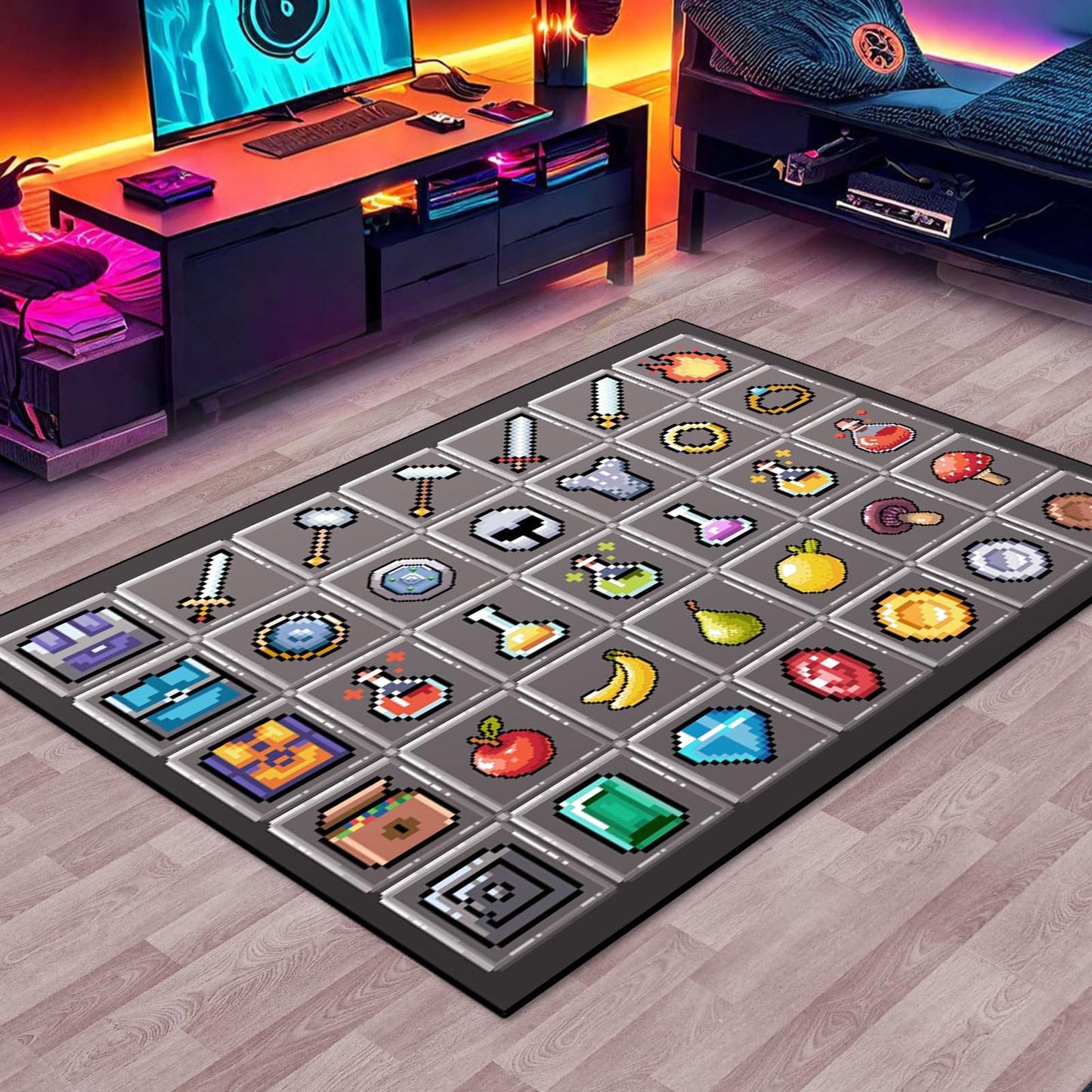 DRVAKO Game Rug Teen Boys Carpet with Pixel Games Element Items Decoration Mat, Weapon Medical Game Rugs for Boy’s Bedroom Living Room Playroom, Non-Slip Children Gaming Area Rugs (Grey, 60" x 40")