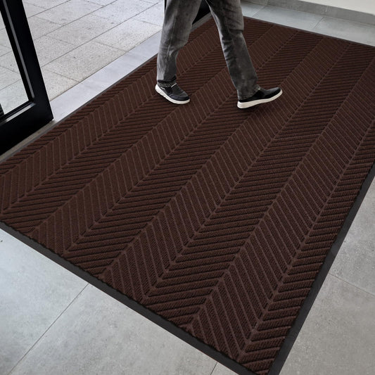 5′ x 7′ Heavy Duty Front Door Mat Indoor Outdoor Entrance, Easy Clean Non-Slip All Weather Commercial Floor Mat for Entryway, No Curling Waterproof Vinyl Welcome Mat (Dark Brown)