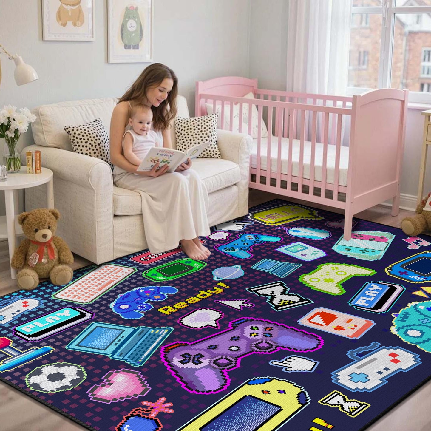 Didswuit Playing Game Rug for Bedroom, 59"x39" Pixel Game Controller Mat Gamepad Carpet for Playroom, Gaming Play Rugs Art Décor for Gamer Washable