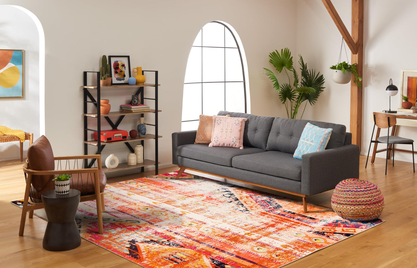 SAFAVIEH Monaco Collection Area Rug - 6'7" x 9'2", Orange & Multi, Boho Chic Tribal Distressed Design, Non-Shedding & Easy Care, Ideal for High Traffic Areas in Living Room, Bedroom (MNC222H)