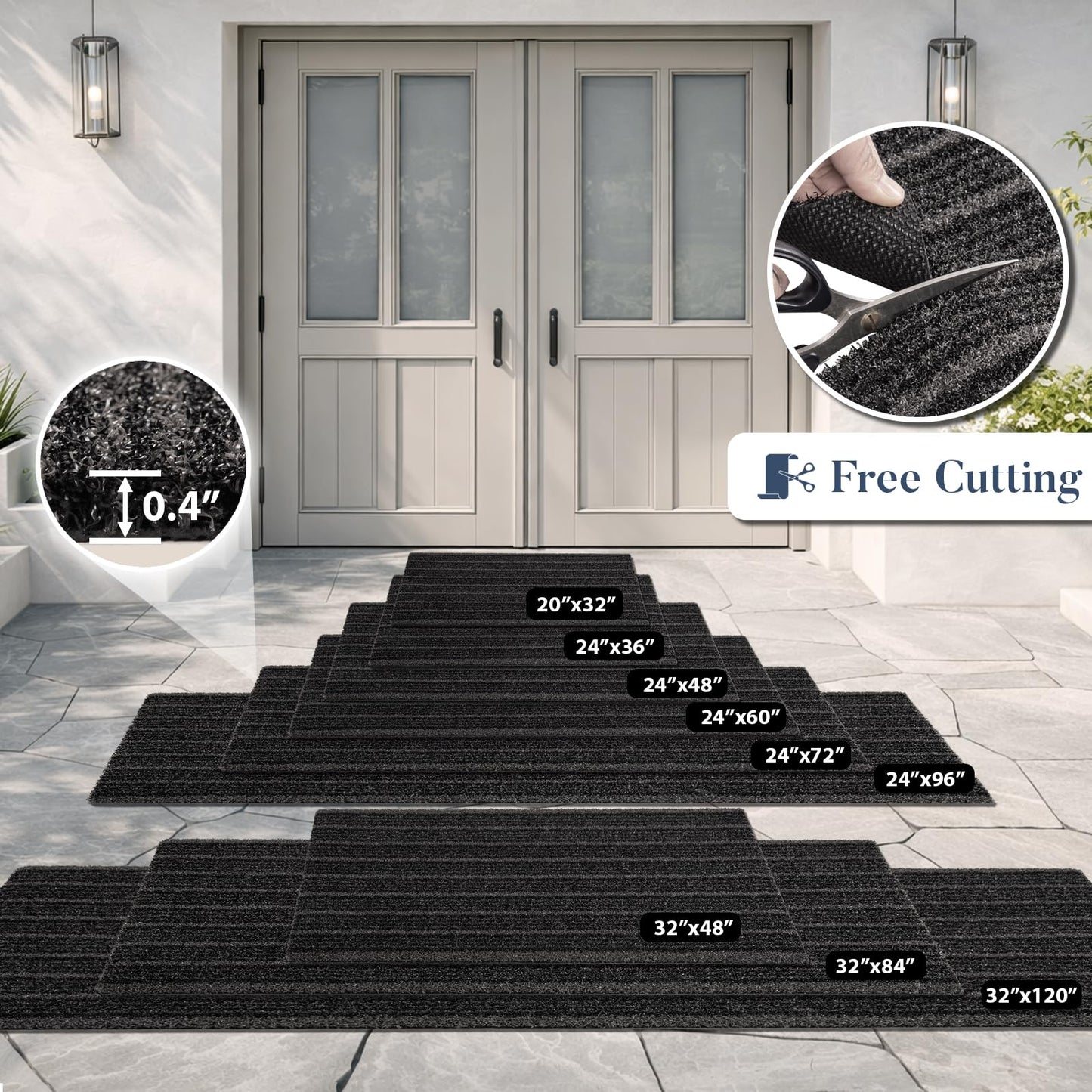 DOMUSTEX Outdoor Front Door Mat 20" x 32", Dirt Trapping Outside Entrance Rug, Non Slip Shoe Scraper, Heavy Duty Commercial Rug for Patio, Garage, Traffic Area, Office, Roll Packing