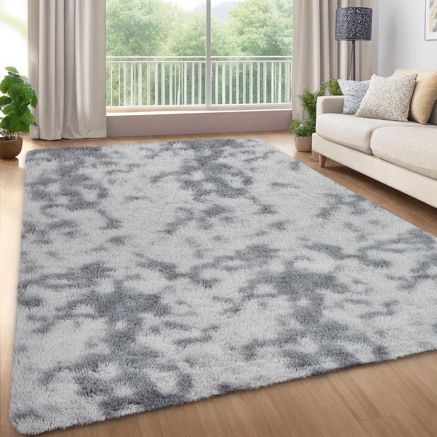 Garvee 8'x10' Oversized Fluffy Area Rug, Tie-Dye Luxury Shag Carpet for Living Room, Large Fuzzy Plush Rug for Basement & Family Room, Non-Slip, Bedroom Decor, Tie-Dyed Light Grey