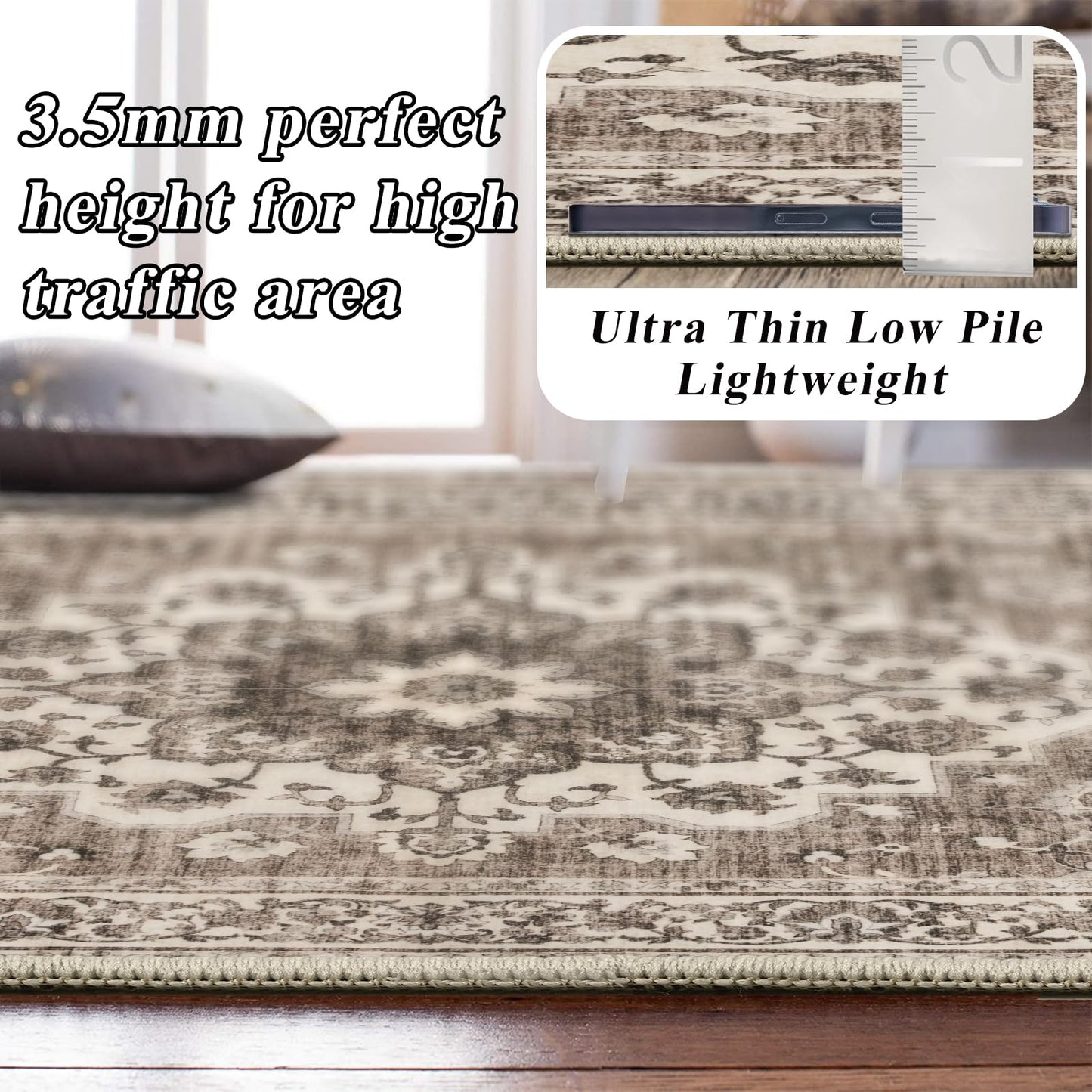 Dining Room Rugs for Under Table - Washable 6x8 Area Rug for Living Room Bedroom Soft Low Pile Non Slip Stain Resistant Carpet - Perfect for Homes with Pets & Kids (Beige, 6x8)