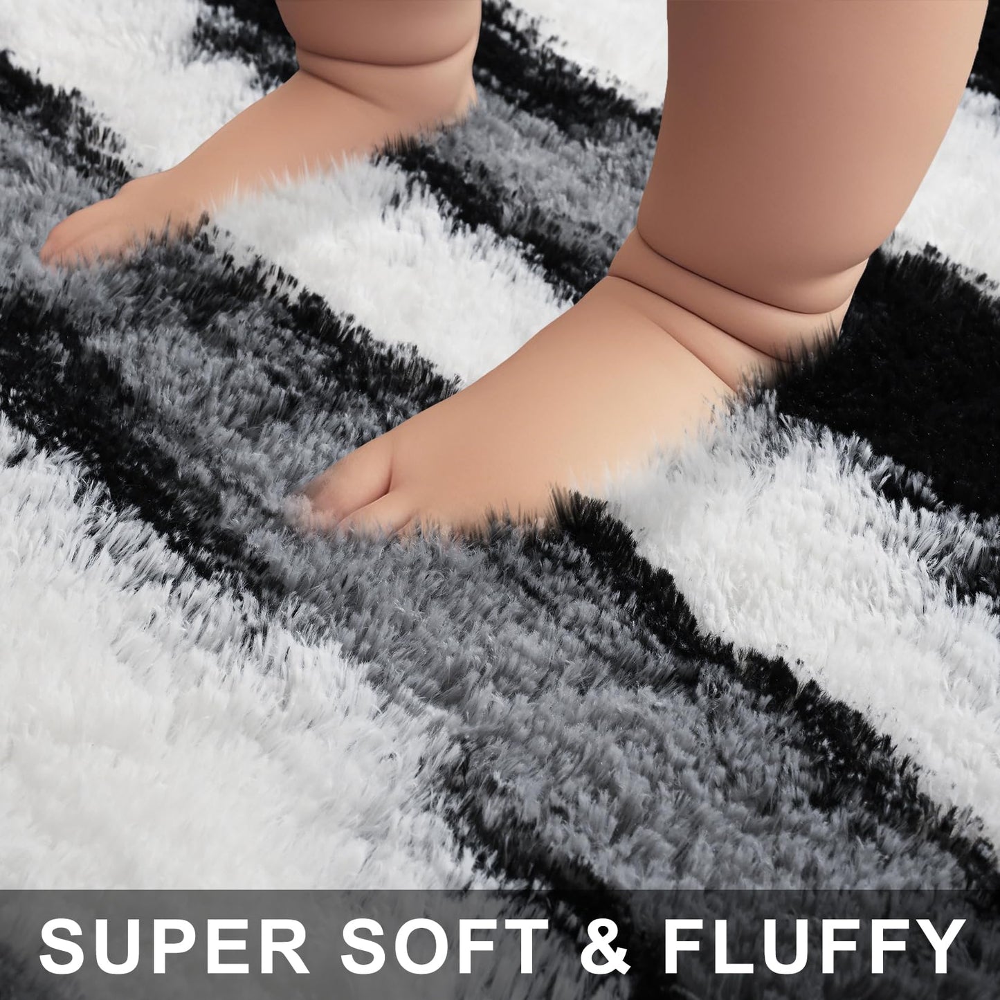 Woottpe Black and White Rugs for Living Room Bedroom, 4x6 Fluffy Soft Plush Area Rugs with Non-Slip Backing, Modern Striped Shag Fuzzy Carpets for Kids Playroom Nursery Dorms Home Decor