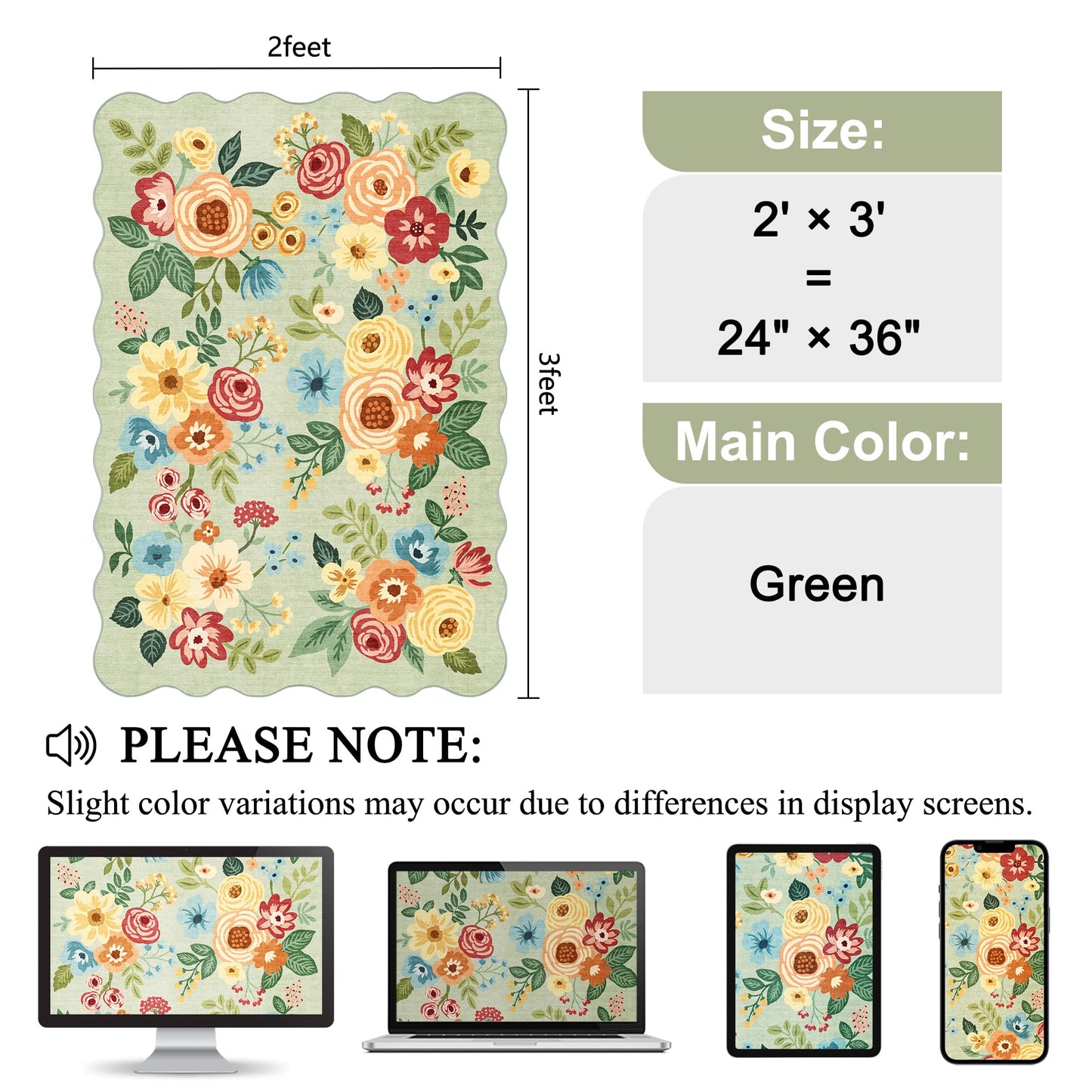 DUKINO 2x3 Entryway Rug, Floral Washable Indoor Door Mat with Non-Slip Backing, Soft Low Pile Small Front Door Throw Rugs for Entryway, Kitchen, Bedroom, Laundry, Bathroom, Green