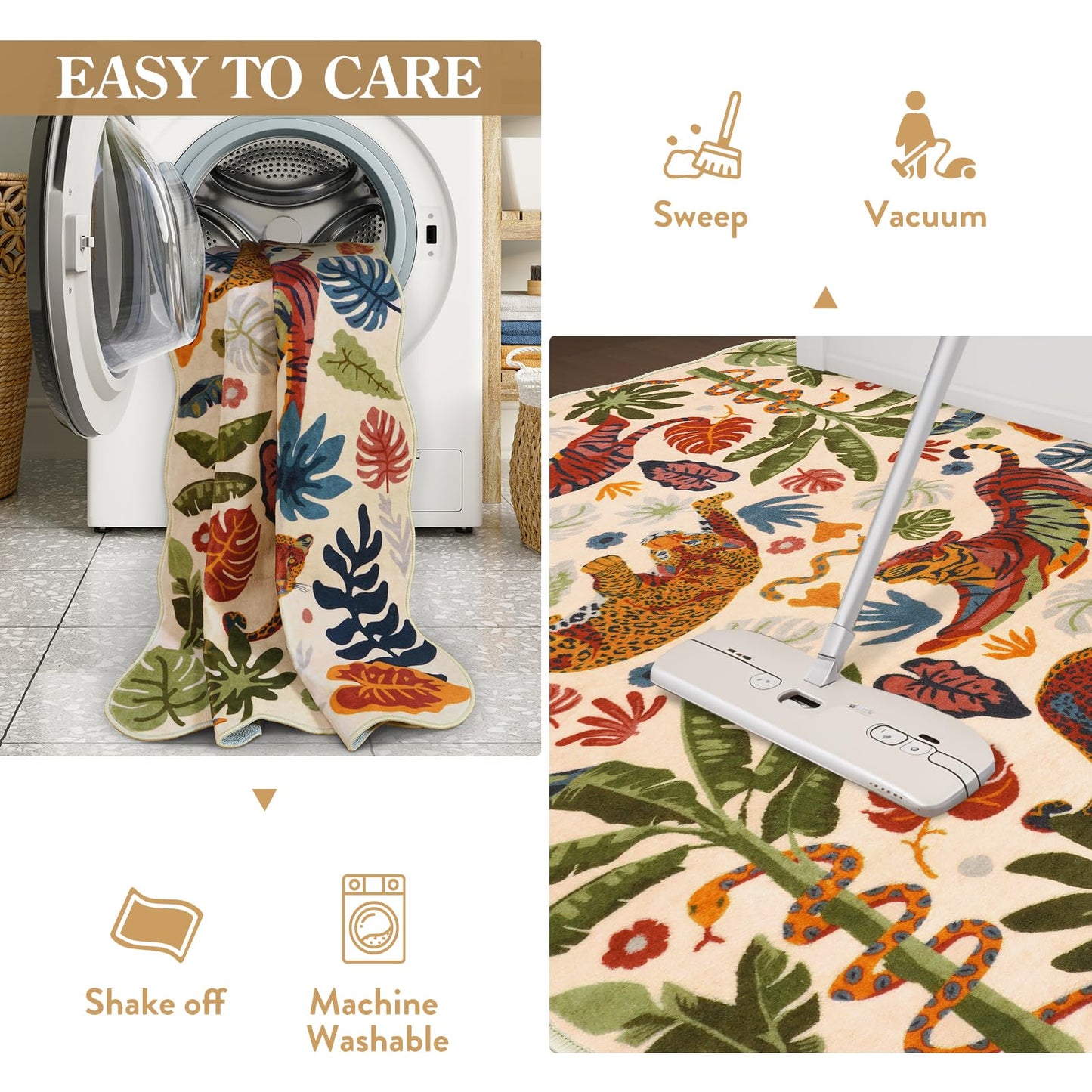 LEEVAN 5x7 Animal Area Rugs Washable Beige Tiger Living Room Rugs Non Slip Scalloped Tiger Bedroom Rug Low Pile Leopard Nursery Floor Carpet Jungle Leaf Print Kids Rug