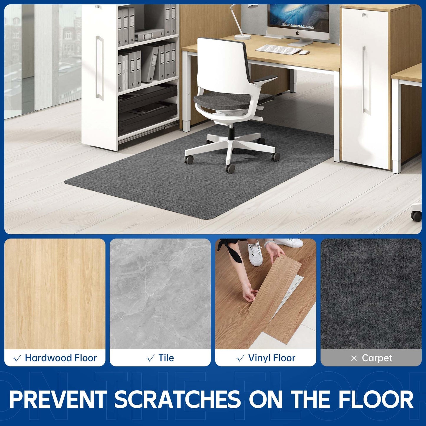 Naturei Office Chair Mat for Hardwood & Tile Floor, 45" x 53"Anti-Slip Desk Chair Mat, Easy Glide Floor Protector for Rolling Chairs, Floor Mat for Office Chair for Home Office (Dark Gery)