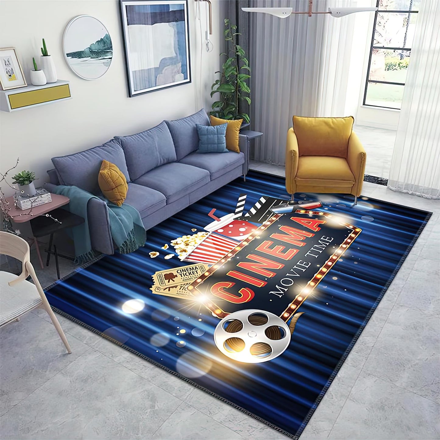 Blue Home Theater Cinema Area Rug, Movie Starts Non Slip Easy Care Throw Large Area Rugs, Breathable Durable Carpet for Indoor Bedroom Living Room Office Decor Rug - 5 ft x 7 ft