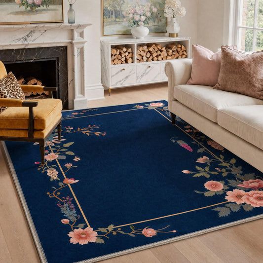 GENIMO 8X10 Area Rugs for Living Room, Machine Washable Non Slip Stain Resistant Low Pile Rug, Floral Border Soft Rugs for Bedroom, Dining Room, Home Office, MidnightBlue