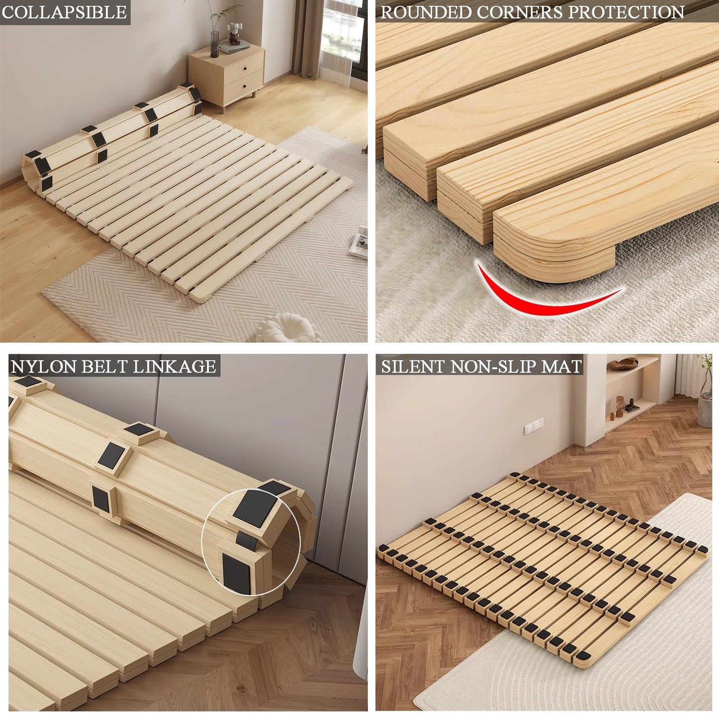 RAUMPA Japanese Floor Low Profile Platform Bed Frame Full Size, Knot-Free Wood Slatted Tatami Mattress Pallet Mat, Minimalist Zen Style to Ground No Legs Foldable Roll Portable
