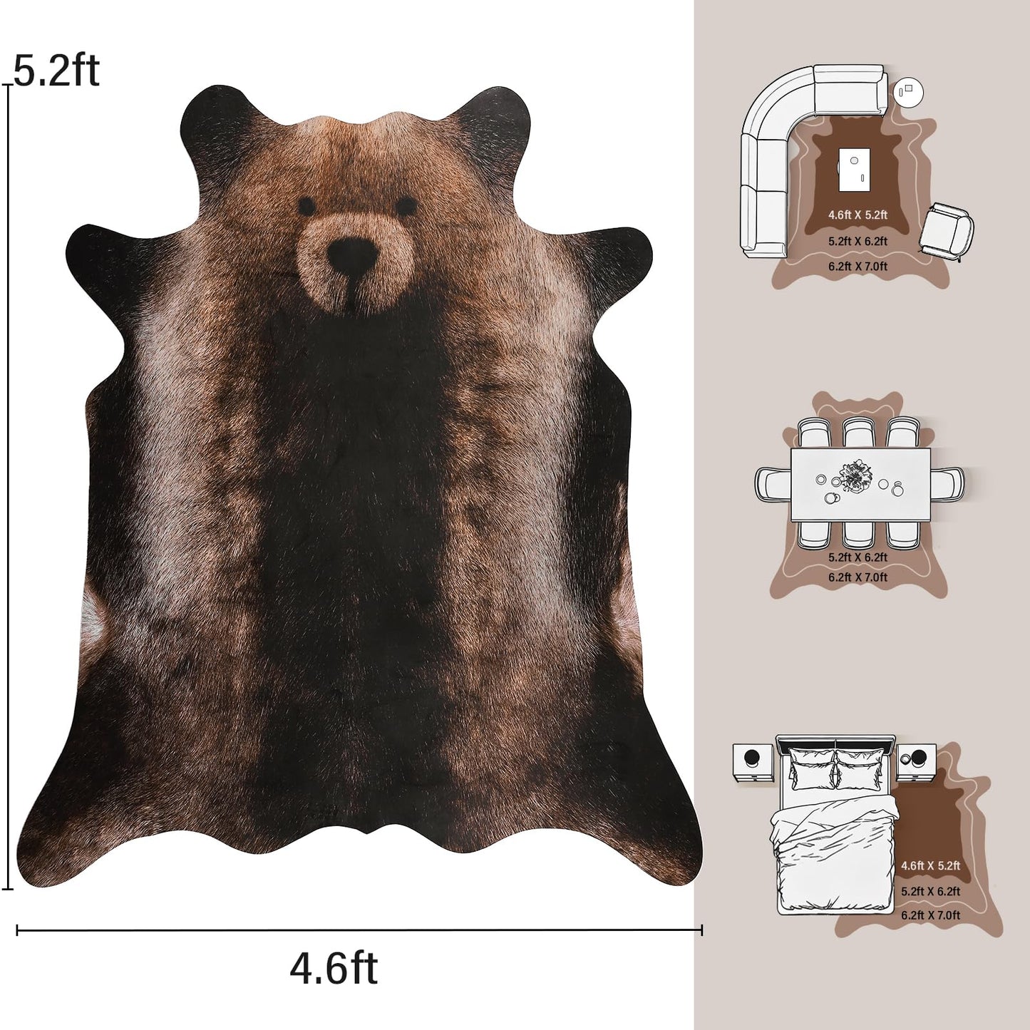 AROGAN Premium Bear Print Rug 4.6x5.2 Feet, Machine Washable Faux Fur Rug, Non-Slip Animal Print Hide Bear Skin Area Rug for Bedroom Living Room Home Decor