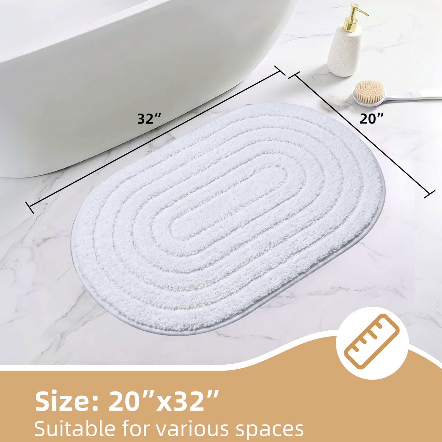 Cevolyn Oval Bathroom Rug, Ultra Soft Plush Microfiber Non Slip Absorbent Bath Mat, Neutral Aesthetic Modern Minimalist Cute Bath Rugs for Bathroom, Shower Room, Machine Washable, White, 20"x32"