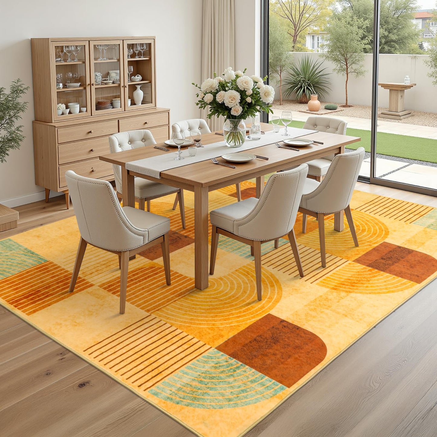OHDS 5x7 Area Rugs for Living Room, Soft Modern Geometric Rug for Bedroom, Washable Non-Slip Indoor Floor Abstract Carpet for Dining Room Nursery Home，Multi/Orange