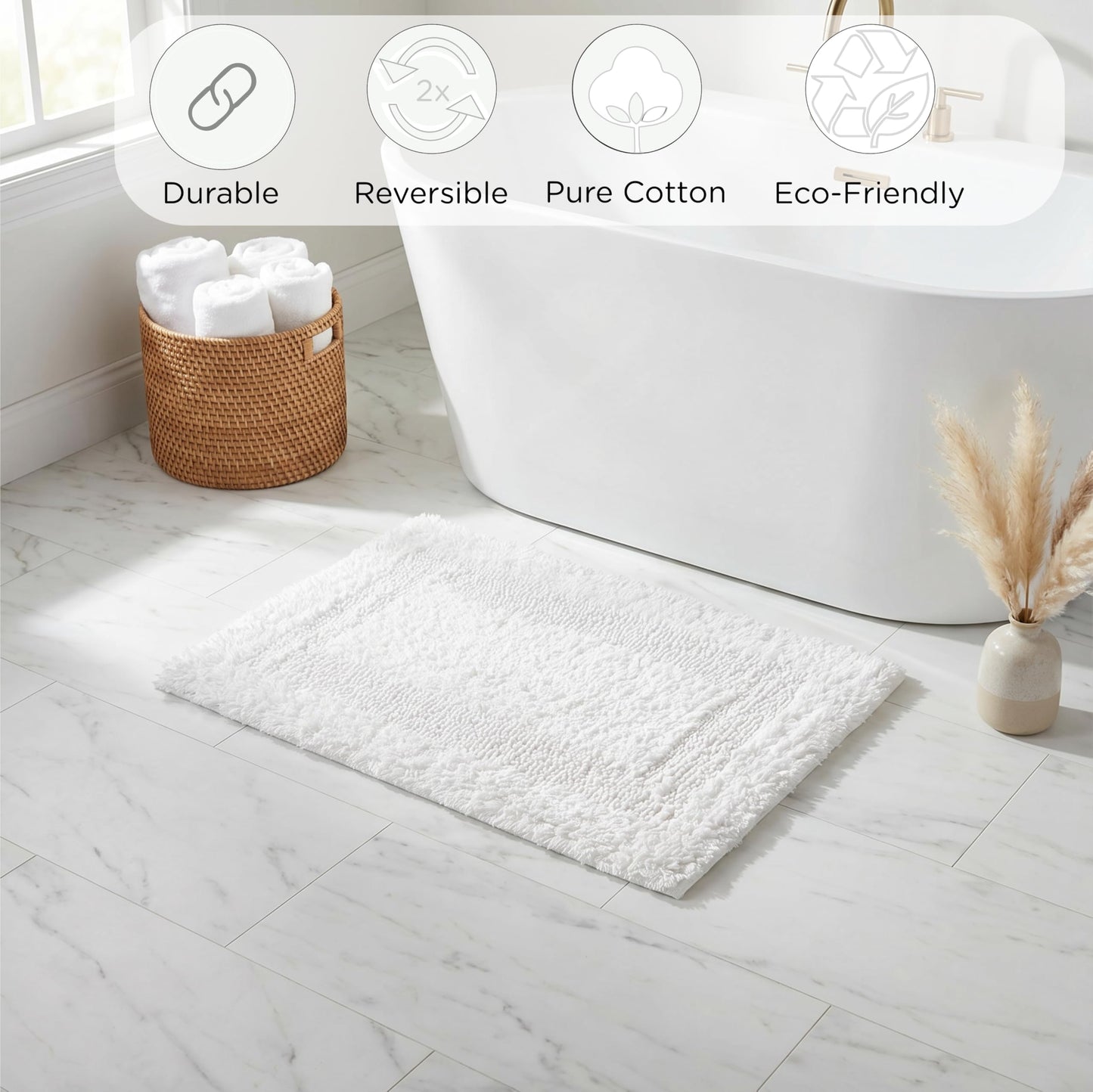 Cotton Reversible Bathmat Rug 17x24 - White, Ultra Soft Bathtub Floor Bath Rugs Ideal for Toilet, Bathroom, Kitchen | Super Absorbent Quick Dry Hotel Quality Throw Mat for Machine Washable
