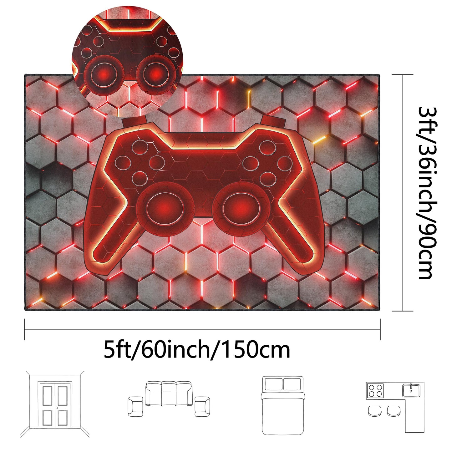 Vesocro Gamer Rug for Room,3x5 ft Non-Slip Cool Gaming Carpet for Bedroom Livingroom and Game Room Rugs Decor