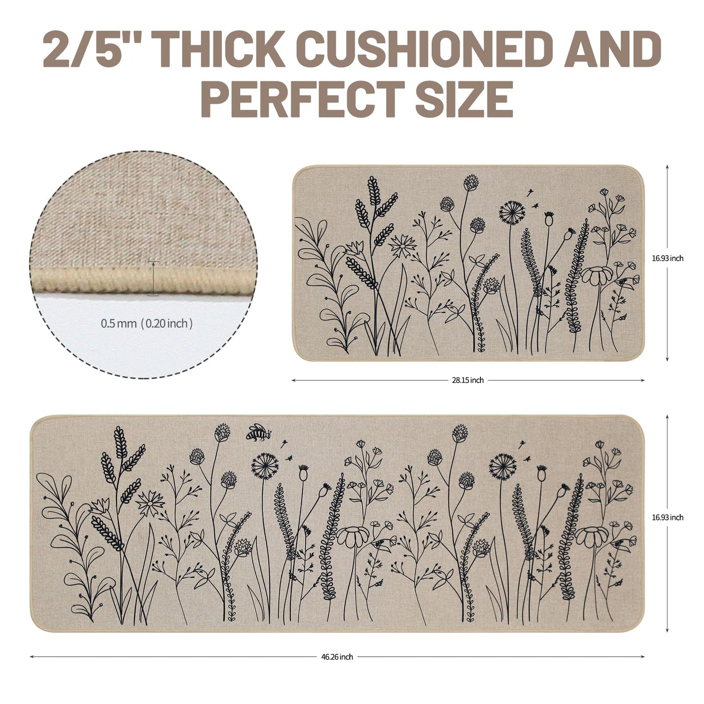 Mirok Kitchen Mats for Floor 2 Piece,Floral Plants Bee Spring Kitchen Rugs Sets of 2,Non Slip Kitchen Rug for Floor (Flowers/Grass Beige,17"x29"+17"x47")