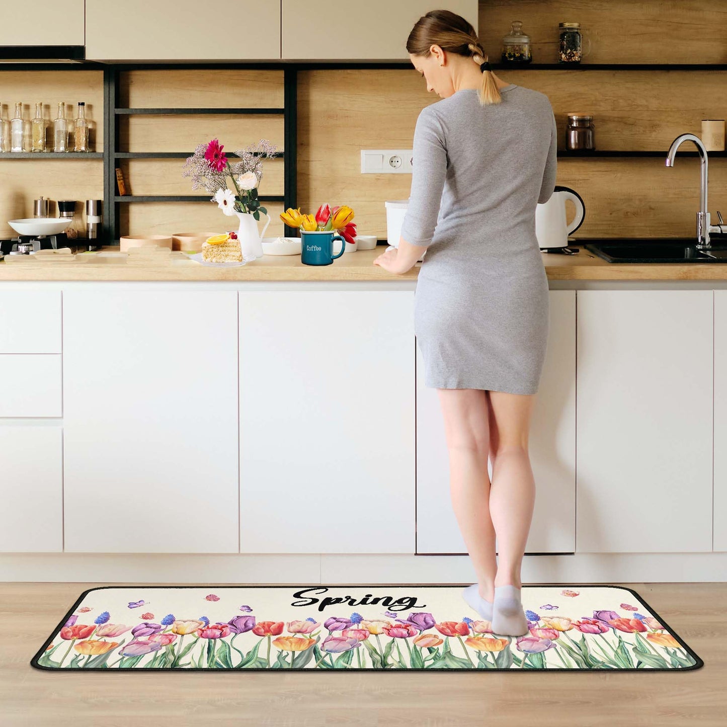OUXIOAZ Tulip Floral Spring Decorative Kitchen Rugs Set of 2,Welcome Spring Summer Seasonal Holiday Decorations for Home Kitchen 17"x47"+17"x30"