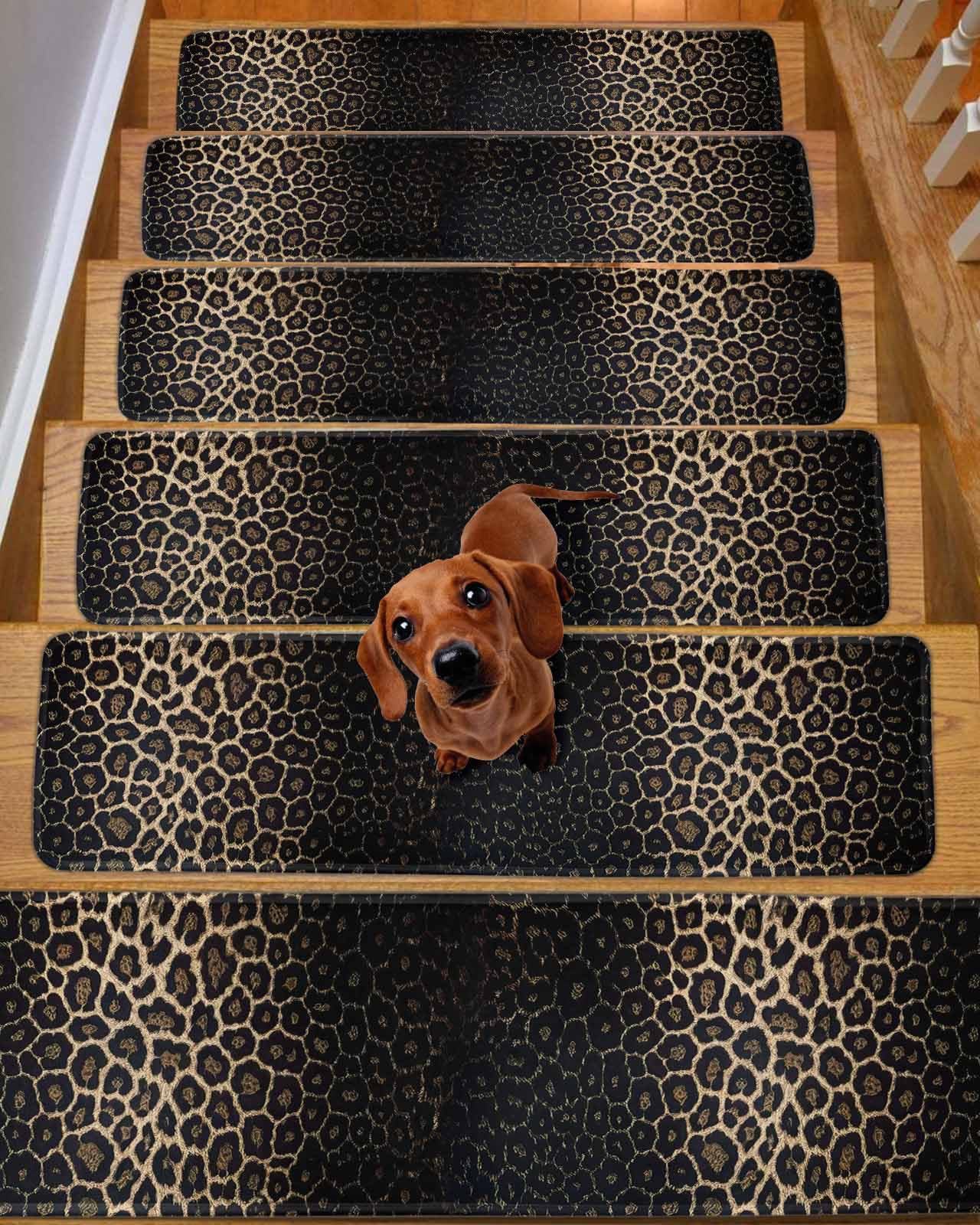 Leopard Print Stair Treads for Wooden Steps Indoor Runner Rug Carpet, Chic Abstract Black Brown Animals Texture 15 Pieces Peel and Stick Staircase Step Treads Covers Washable Throw Door Mats 30"x8"