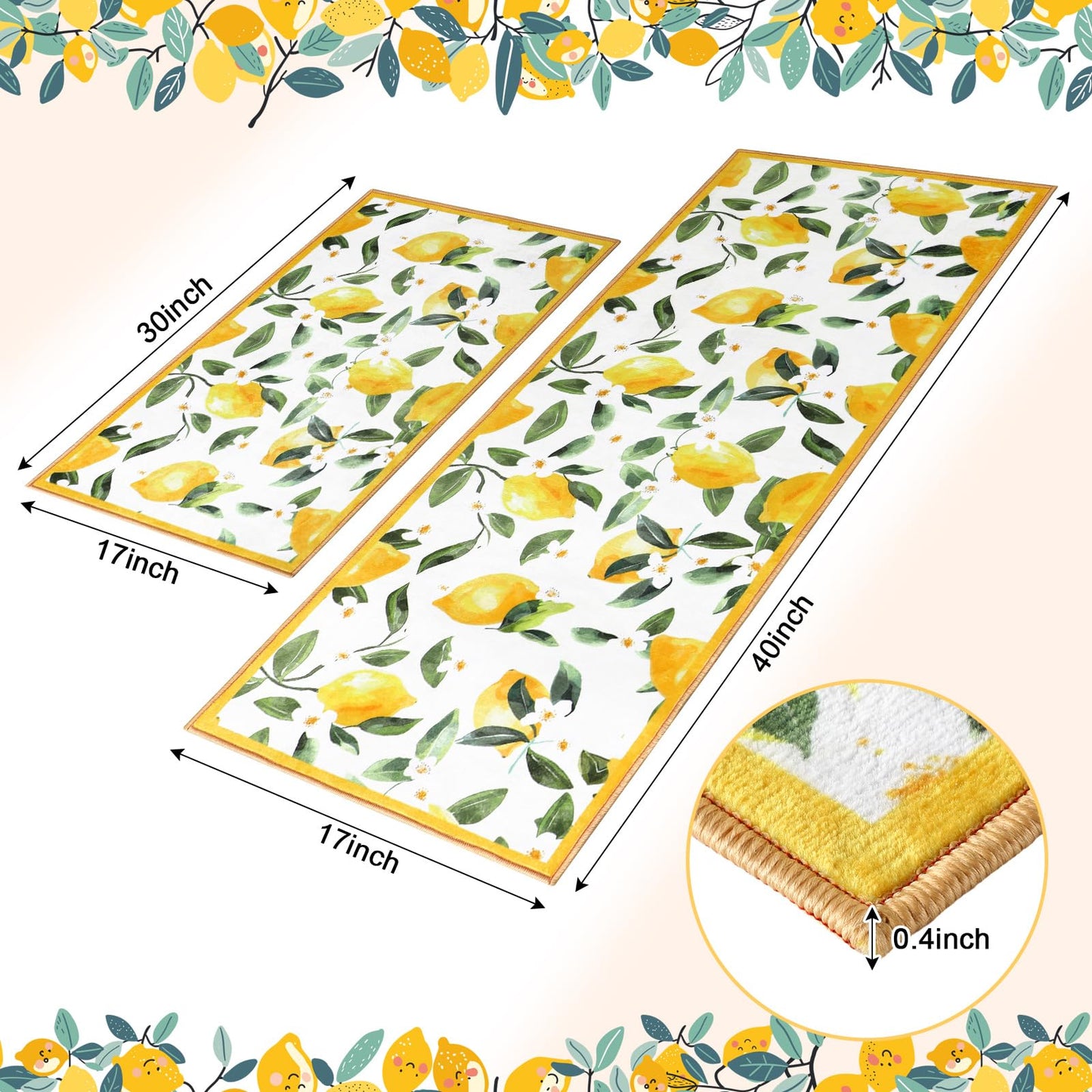 Sliner White 2 Pcs Lemon Kitchen Mats Lemon Kitchen Rugs for Floor Washable Soft Non Slip Carpet for Bathroom Sink Laundry Decor, 17" x 30" + 17" x 47"