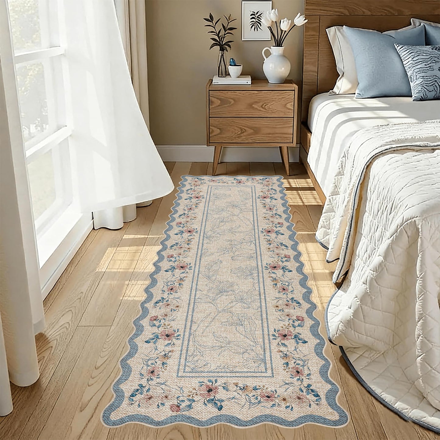 ORTIGIA Scalloped Easy Jute Runner Rug 2x6 ft Farmhouse Blue Floral Washable Kitchen Rug Non-Slip Low-Pile Indoor Outdoor Carpet for Bedroom Dining Entryway Hallway Patio Laundry Room