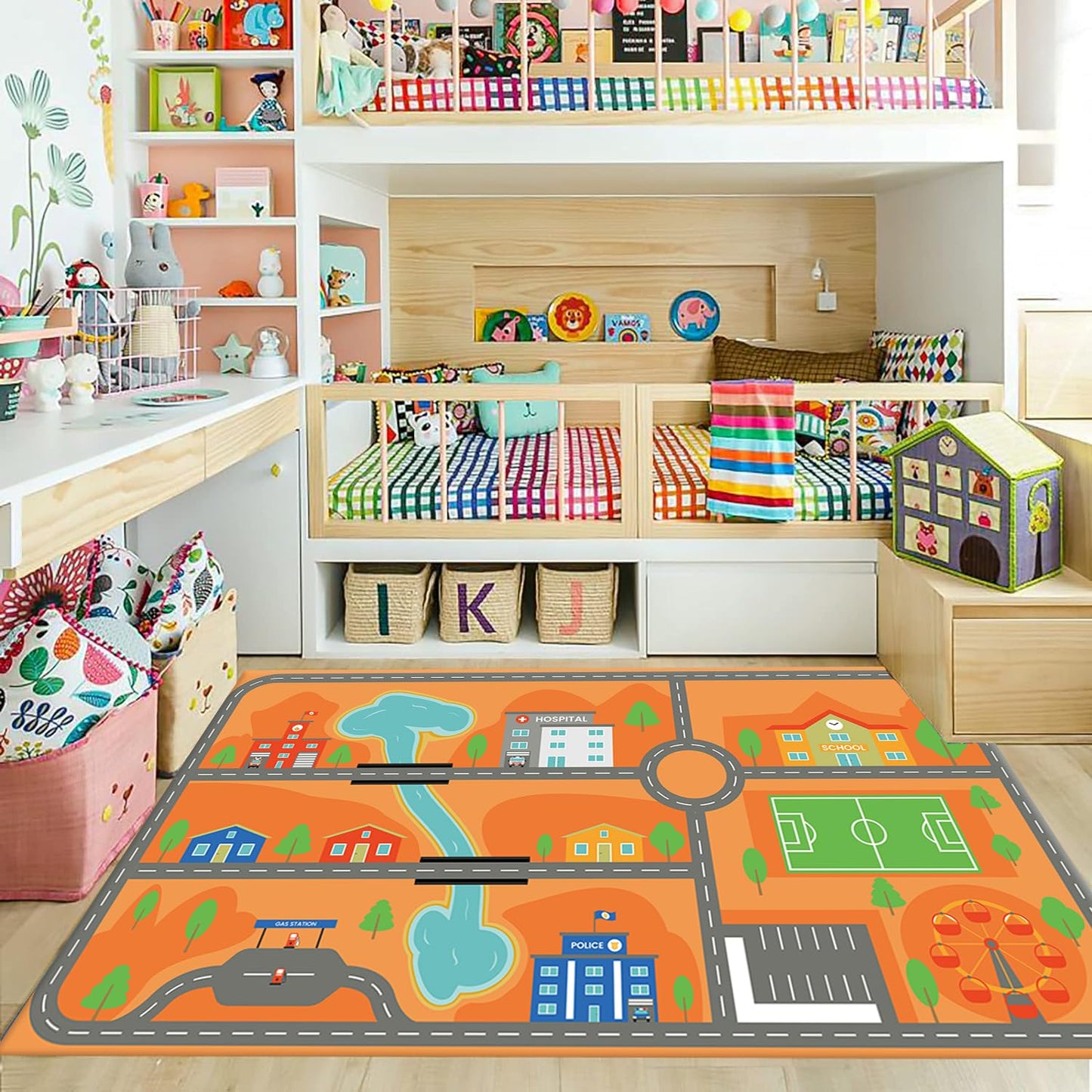 LHOMKCV Children's Play Rug, 6x8ft, Kids Car Play Rug, City Life Traffic Road Kids Rug, Children Educational & Game Area Rug, Train Rug Non-Slip Foldable Play Mat for Bedroom Playroom Nursery