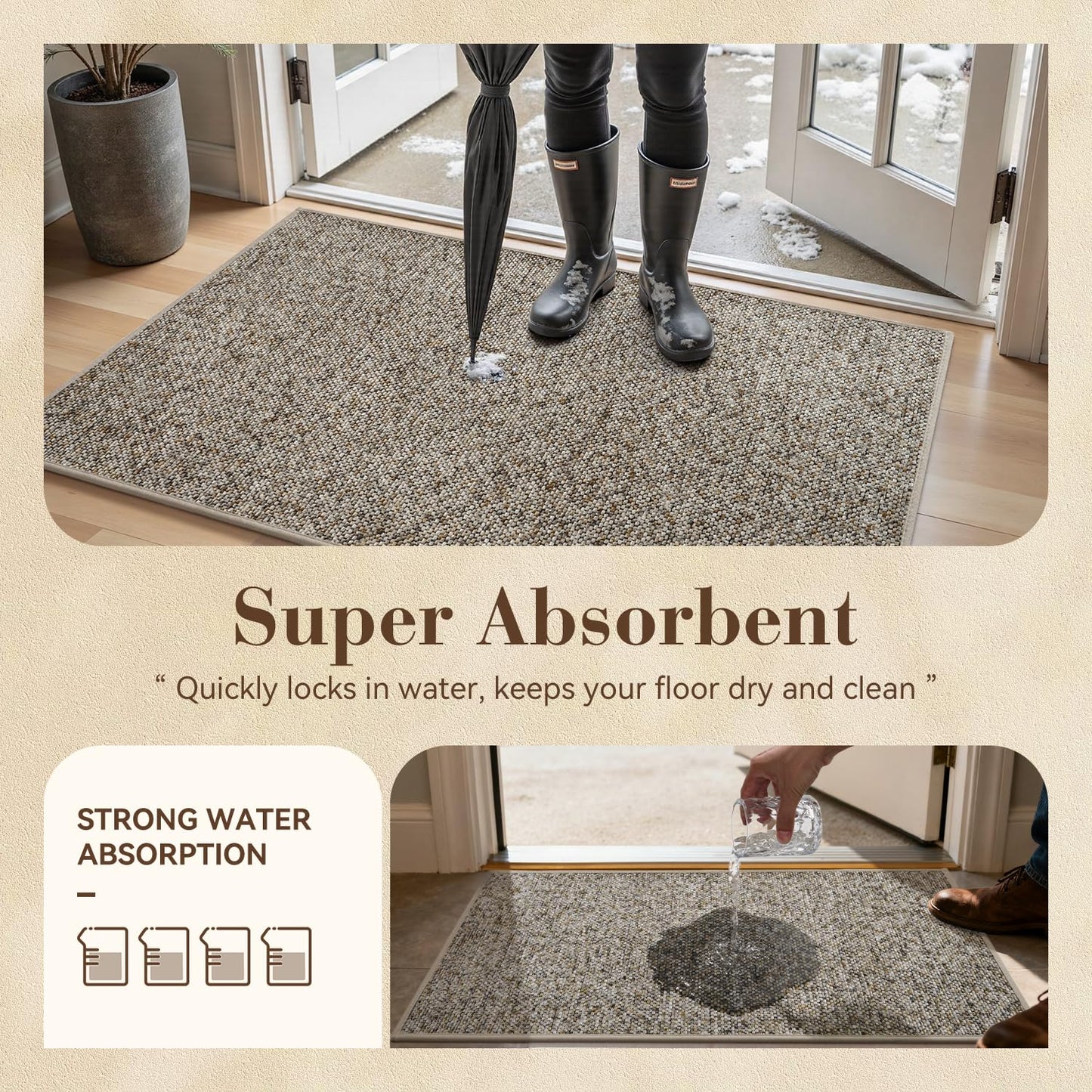 MontVoo Door Mat Indoor Entrance Doormat, Absorbent Durable Rubber Non Slip Front Door Mat for Inside Entry Entryway Dirt Trapper Welcome Mat, Grey Brown 24''x36''
