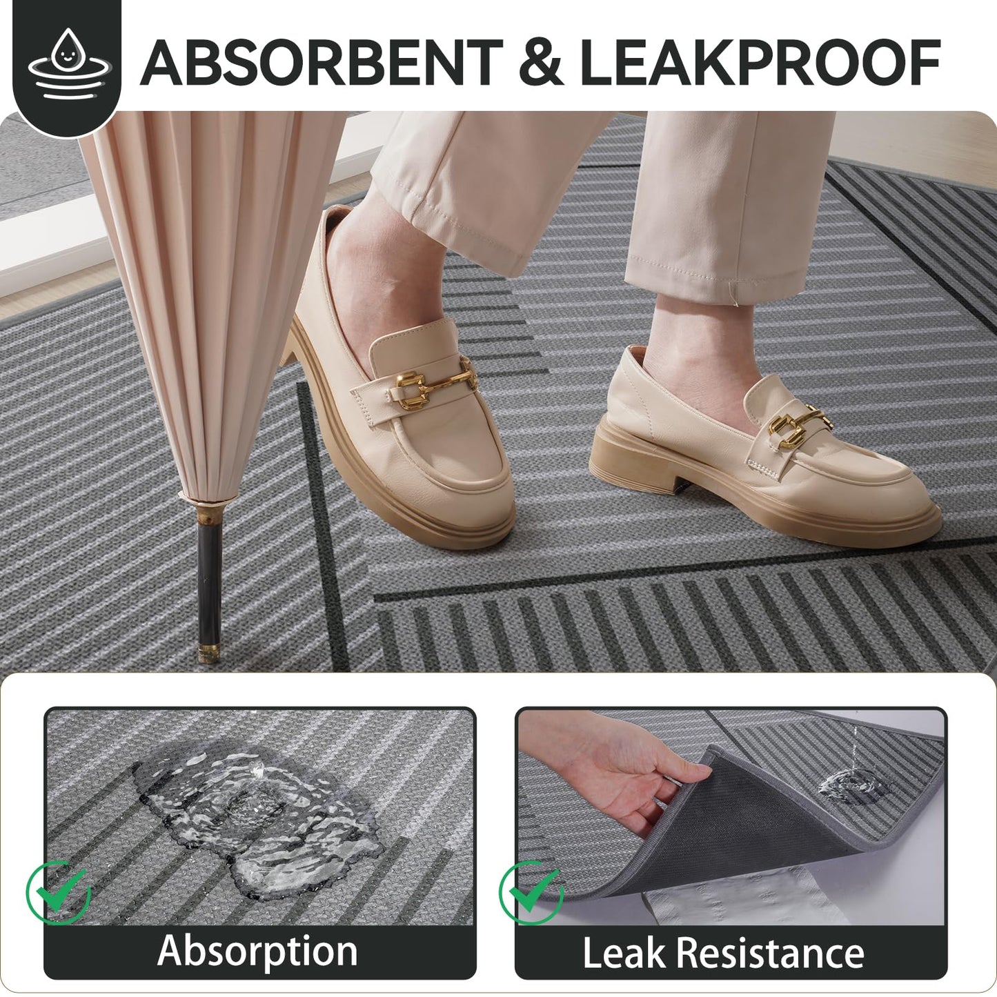 QiCaiJia Front Door Mat 31''x47'', Non Slip Absorbent Dirt Resist Washable Low-Profile Indoor Doormat, Easy Clean Welcome Entryway Door Mats, Grey