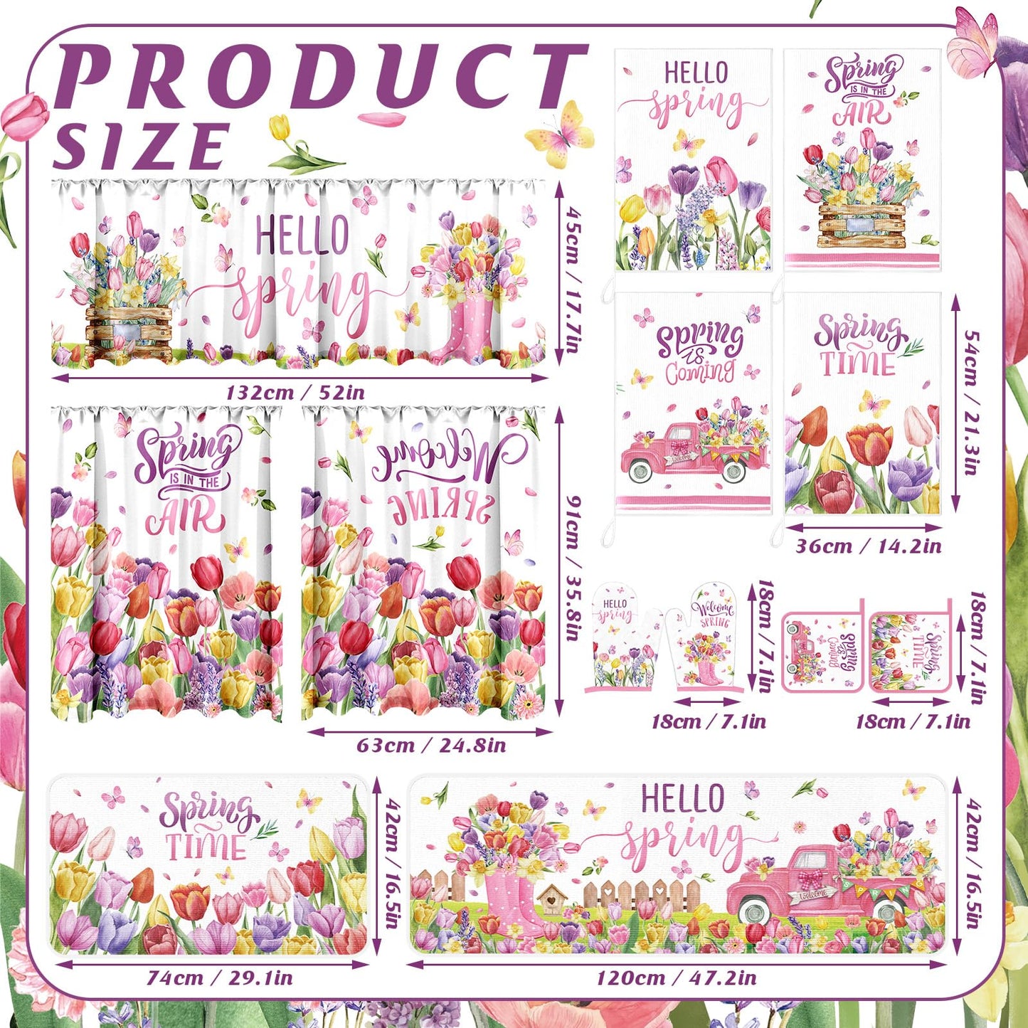 13 Pcs Hello Spring Kitchen Decor Set 3 Floral Kitchen Curtains Valance 2 Tulip Rugs and Mats 4 Spring Hand Towels 2 Paste Pot Holders 2 Oven Mitts for Home Decor Cooking Grilling Housewarming Gift
