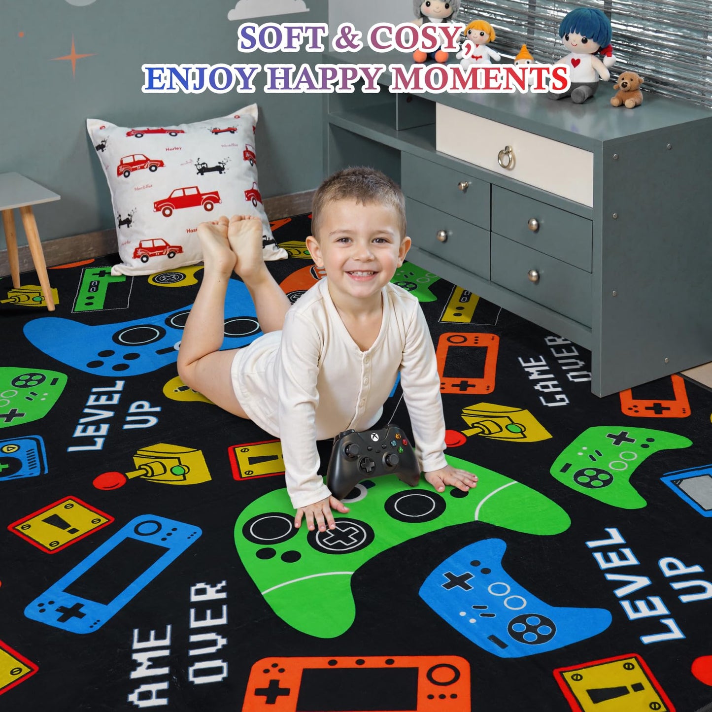 STARUIA Gamer Area Rug for Boys Room, 5x7 Washable Kids Rug for Boy Bedroom, Soft Black Cool Teens Video Games Console Carpet Kids Room Rugs for Game Room Playroom Living Room