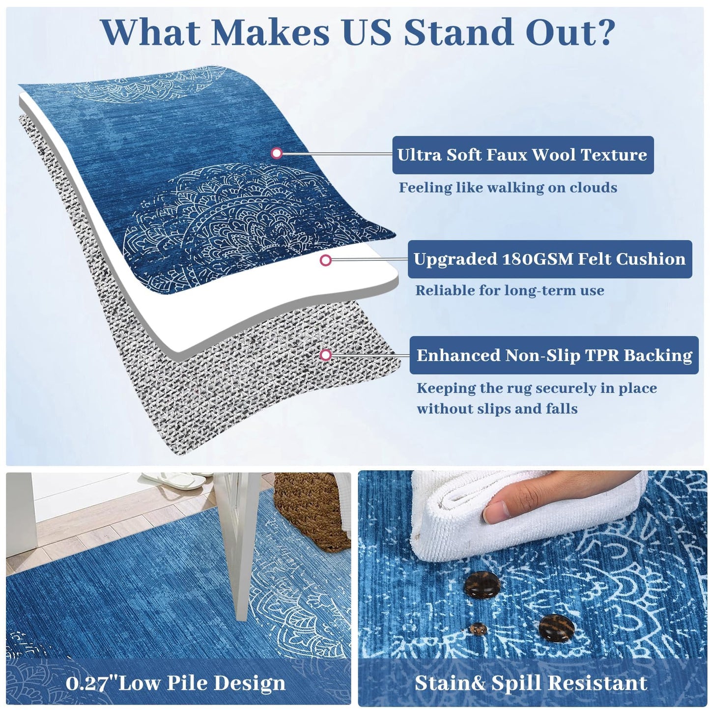 Garvee 9x12 Area Rugs for Living Room, Machine Washable Area Rug for Bedroom, Traditional Medallion Rug with Non Slip Backing, Stain Resistant Non Shedding Farmhouse Carpet for Dining Room, Blue