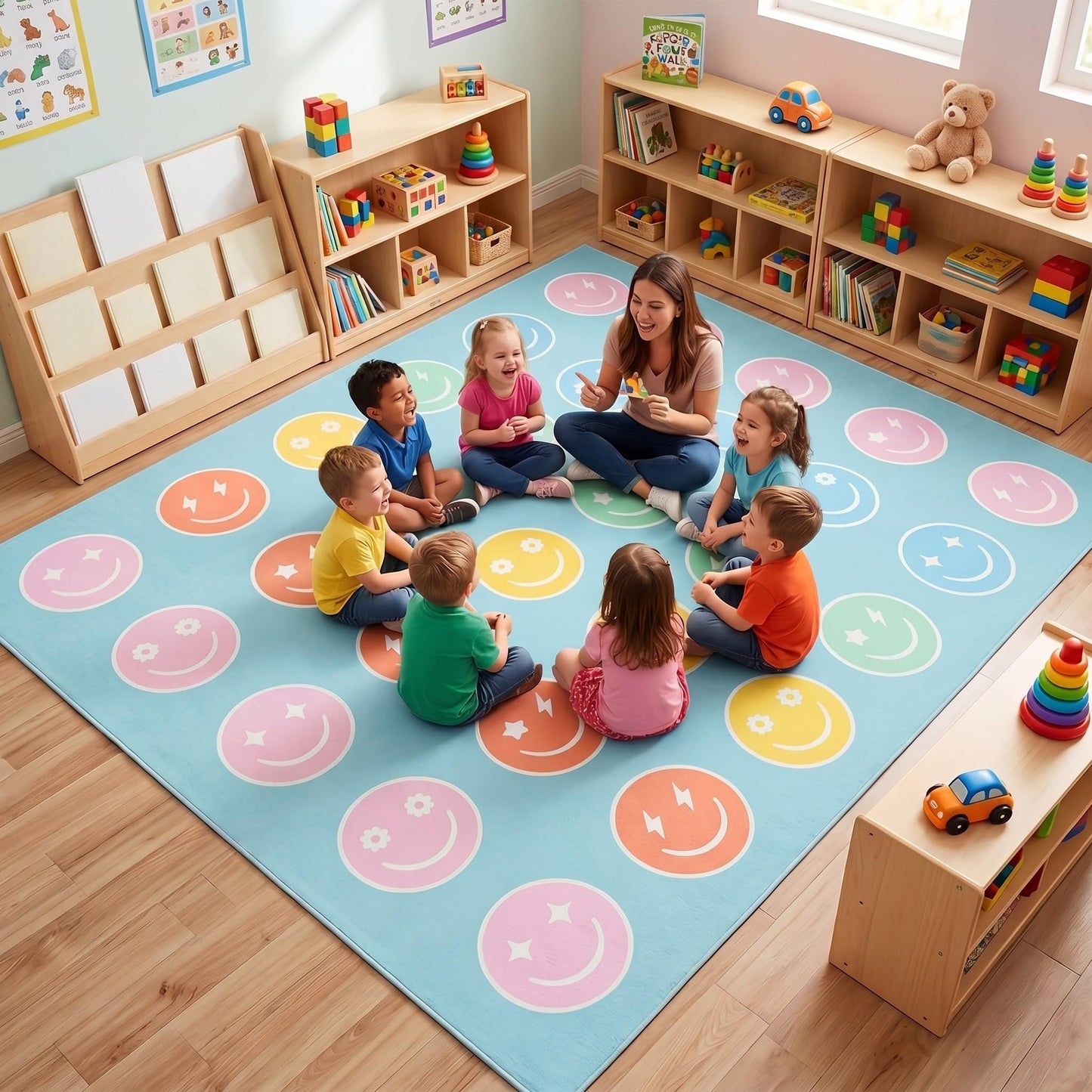 Maasechs 8 x 10ft Circle Time Classroom Rug Smile Face Pastel Emotional Feeling Sensory Corner Items Teacher Rug Educational Soft Fluffy Carpet Floor Mat for Nursery Homeschool Playroom Elementary