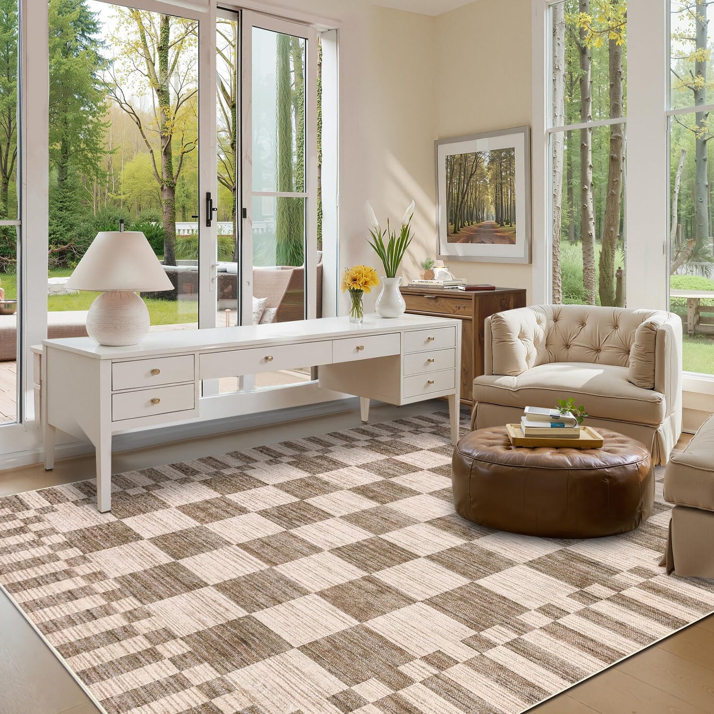 GarveeHome 8×10 Area Rugs for Living Room,Modern Brown Checkered Rug,Geometric Tan Brown Print Non-Slip Washable Farmhouse Checkerboard Rugs for Bedroom Dining Room Office