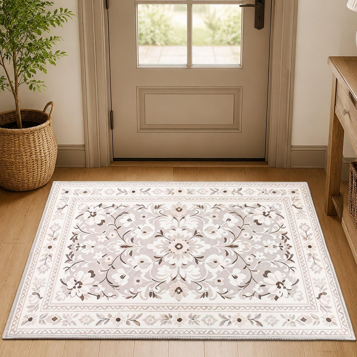 Huaji White Small 2x3 Area Rug, Modern Boho Floral Design