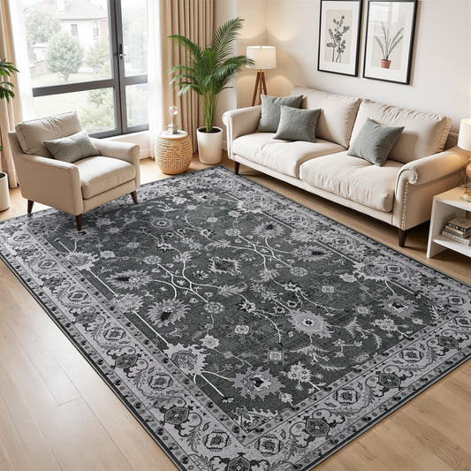 Hanples 5x7 Area Rugs for Living Room, Washable Rugs Low Pile Vintage Boho Soft Floral Carpet for Living Room, Indoor Non-Slip Stain Resistant for Bedroom Dining Room Nursery Home Office,Gray