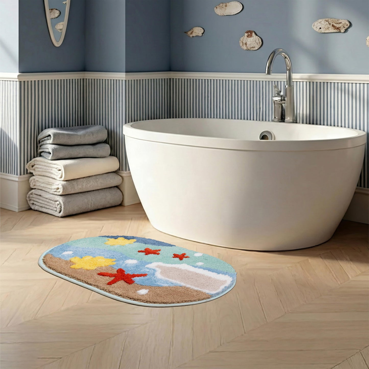 ORTIGIA Coastal Beach Bathroom Rugs Non Slip Washable, 20x32 Oval Soft Microfiber Sea Bath Mat, Quick Dry Absorbent Shower Rug for Bathroom Floor Tub Shower Sink