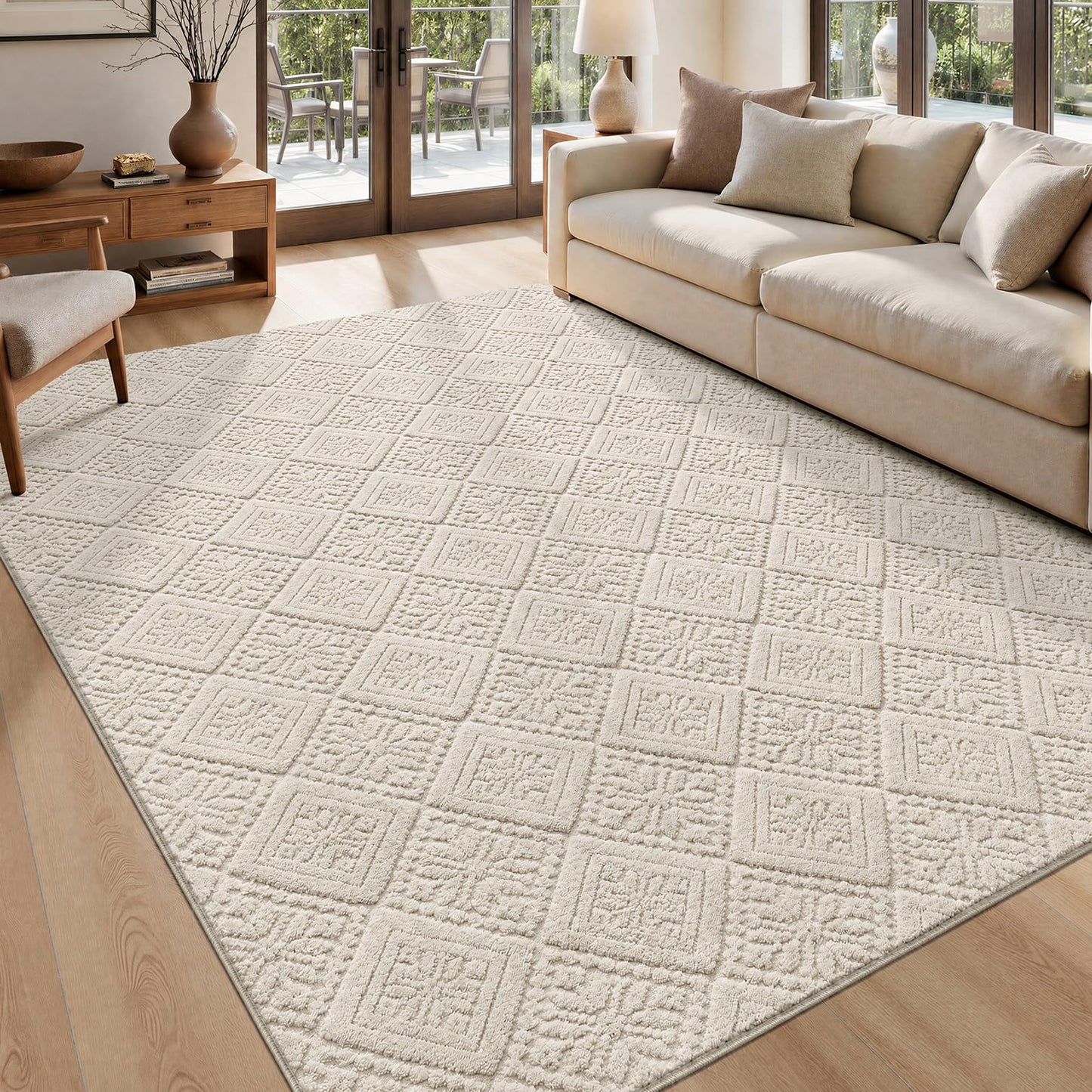 U'Artlines 5x7 Beige Washable Area Rug for Living Room, Soft Fluffy High Low Textured Carpet, Modern Neutral Geometric Non Slip Rugs for Bedroom Dining Room Kids Room
